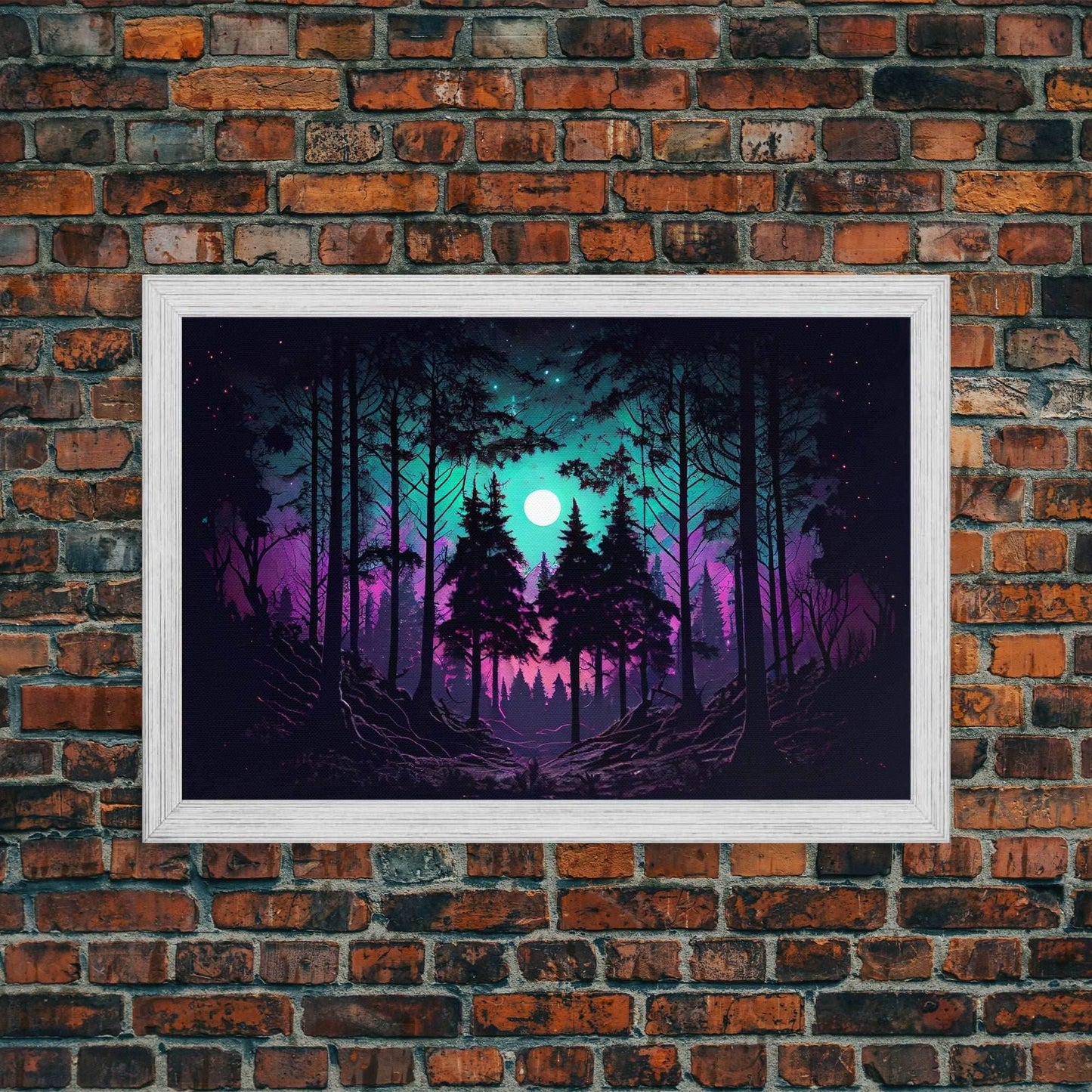 Fantasy forest art, full moon visible through the trees, framed canvas print, framed wall art - 8x12 Inches / Gold Frame