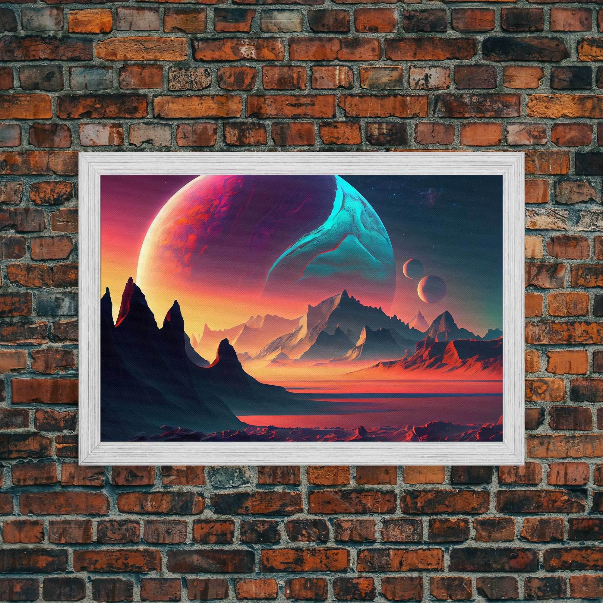 3 Moon Fantasy World, Retro Style Sci-Fi Art, Framed Canvas Print, Futuristic Art, Fantasy Decor - 8x12 Inches / Gold Frame
