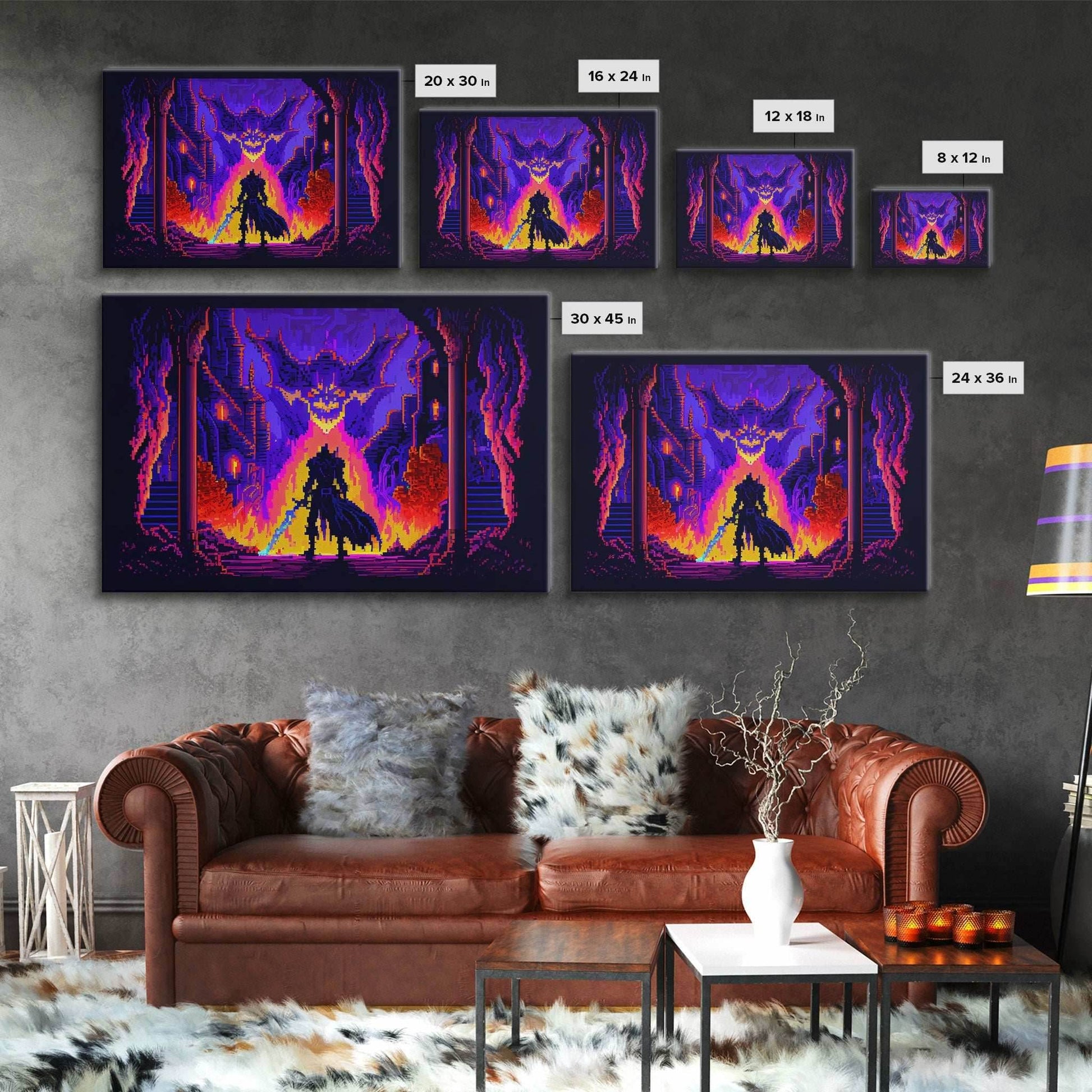 8 bit Pixel art, RPG video game concept art, Paladin faces the Dragon, synthwave style, framed canvas print - 8x12 Inches / Gallery Wrap Canvas - Ready To Hang