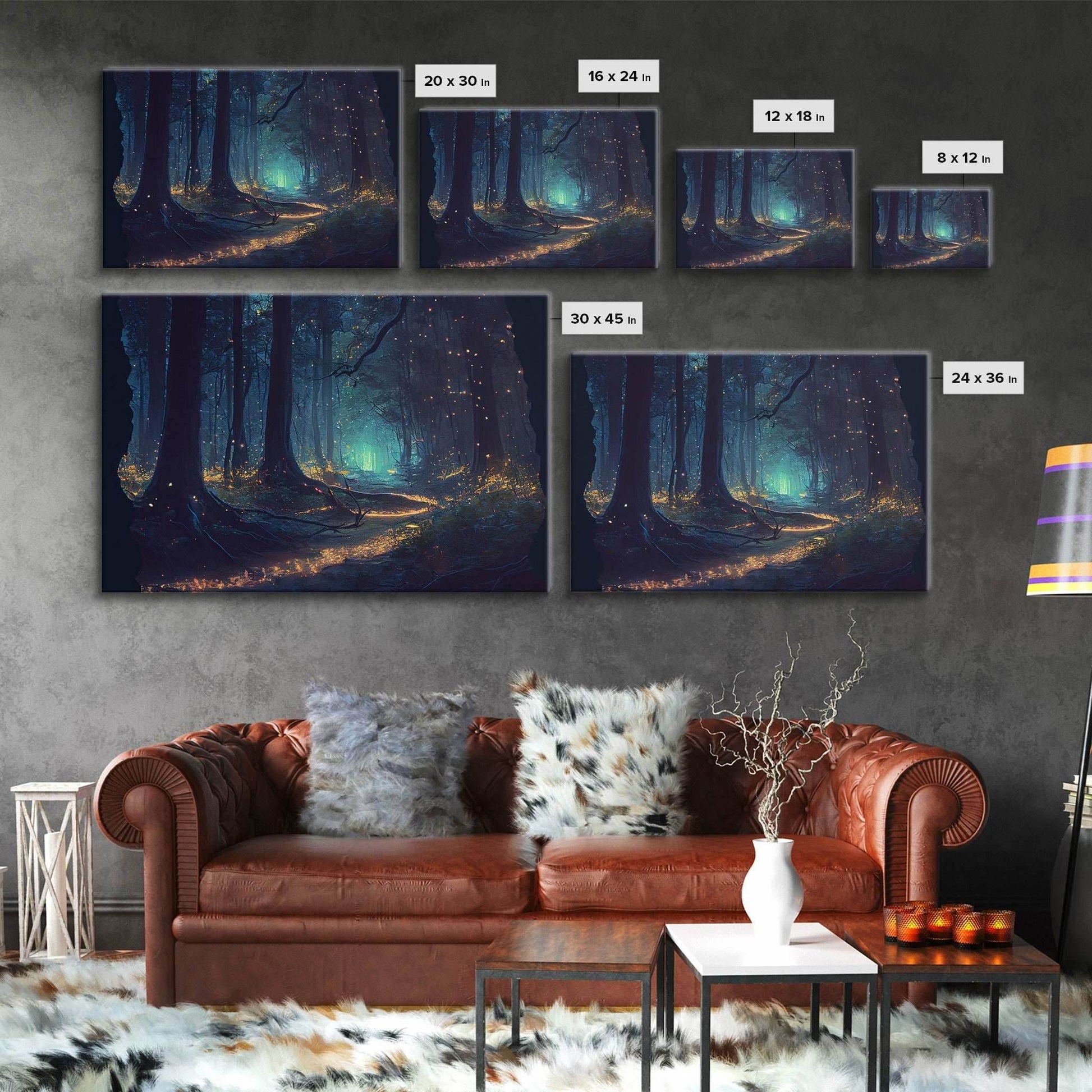 The magical enchanted forest is lit brightly with fireflies at night, framed canvas print, fantasy art - 8x12 Inches / Gallery Wrap Canvas - Ready To Hang