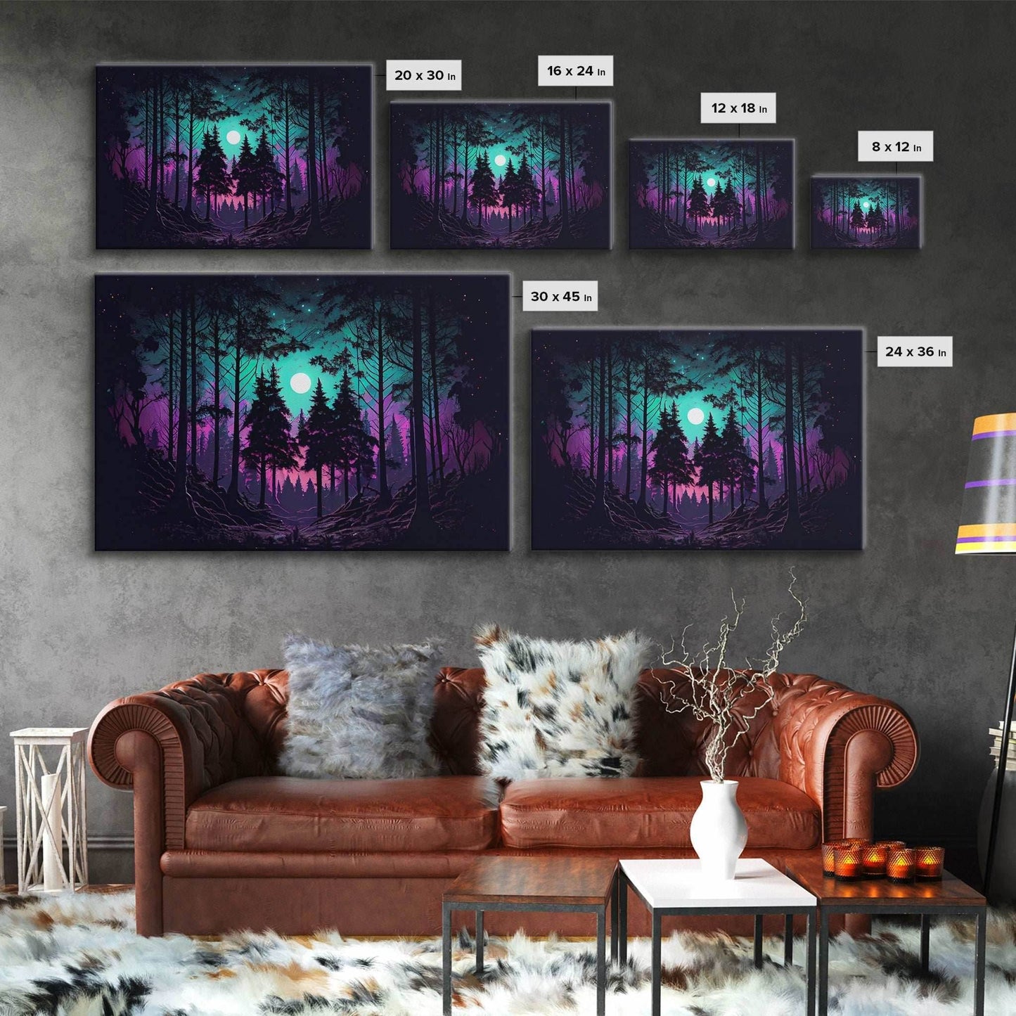 Fantasy forest art, full moon visible through the trees, framed canvas print, framed wall art - 8x12 Inches / Gallery Wrap Canvas - Ready To Hang