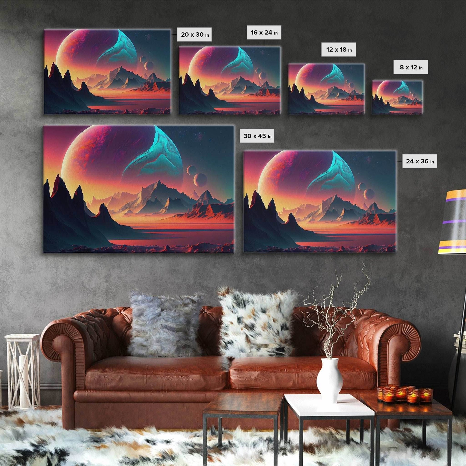 3 Moon Fantasy World, Retro Style Sci-Fi Art, Framed Canvas Print, Futuristic Art, Fantasy Decor - 8x12 Inches / Gallery Wrap Canvas - Ready To Hang