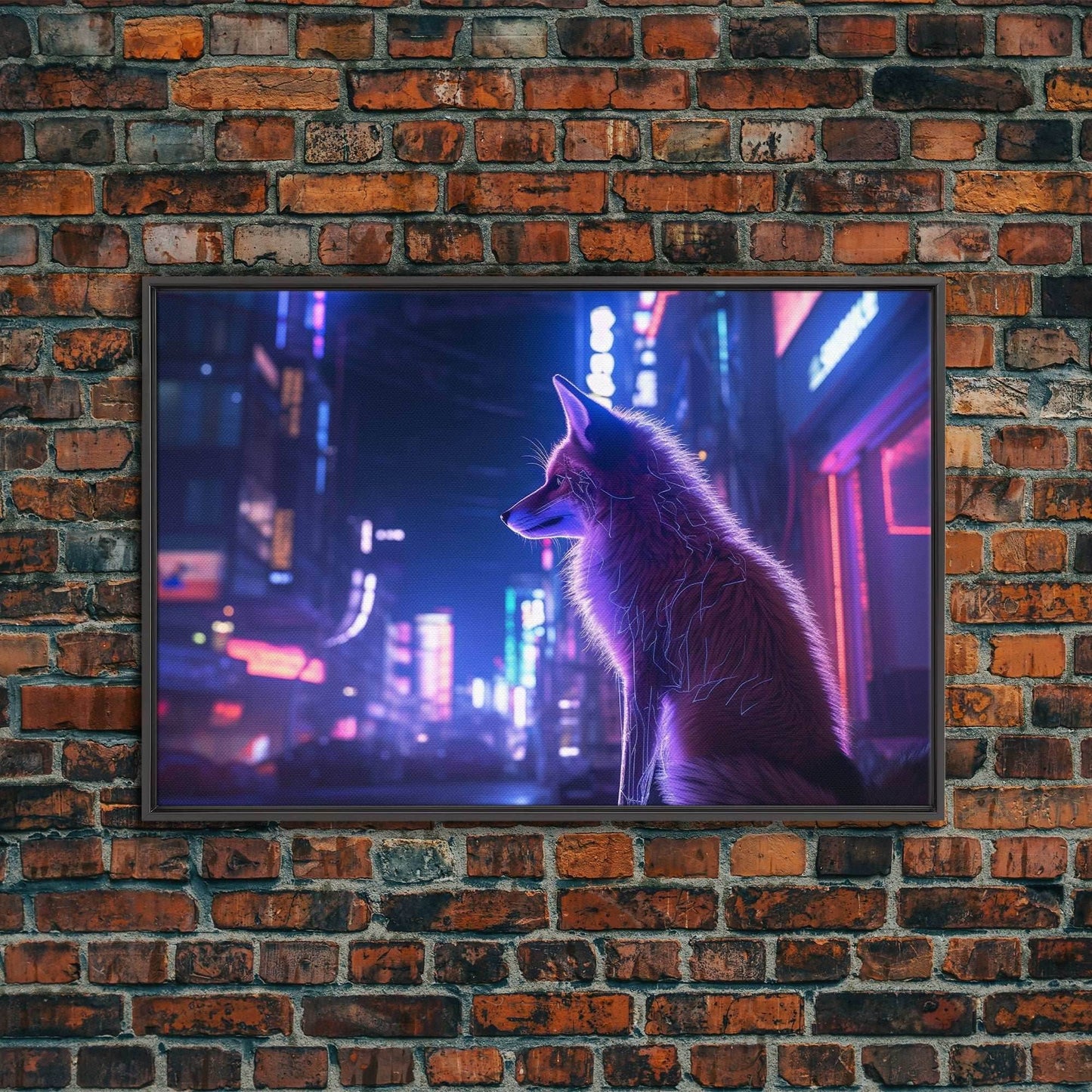 Alley Fox, Cyberpunk city, framed canvas print, urban decay art - 8x12 Inches / Black Frame