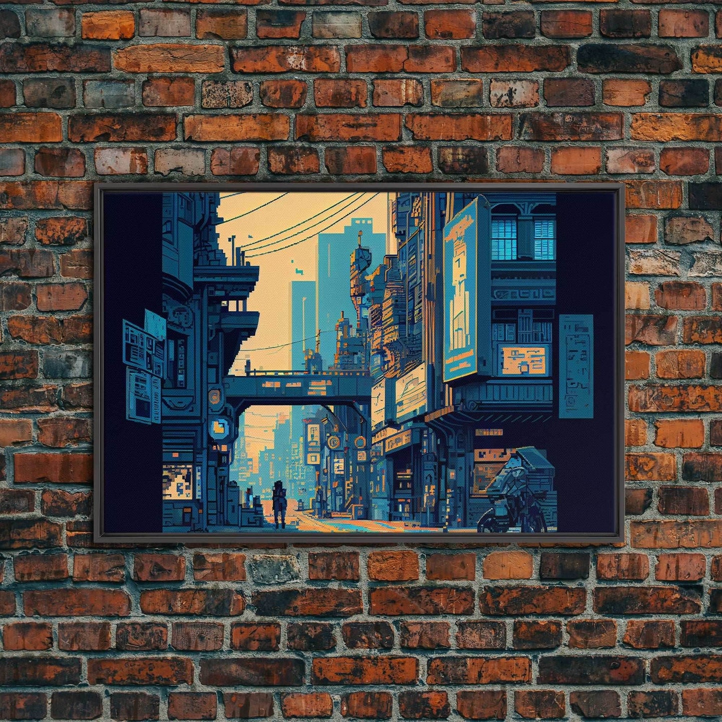8 bit pixel art cyber punk city, video game concept art, framed canvas print, game room art - 8x12 Inches / Black Frame
