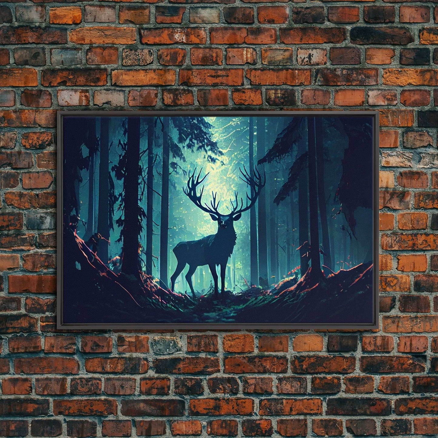 Mythical stag in the forest, fantasy art, framed canvas print, mythical creatures - 8x12 Inches / Black Frame