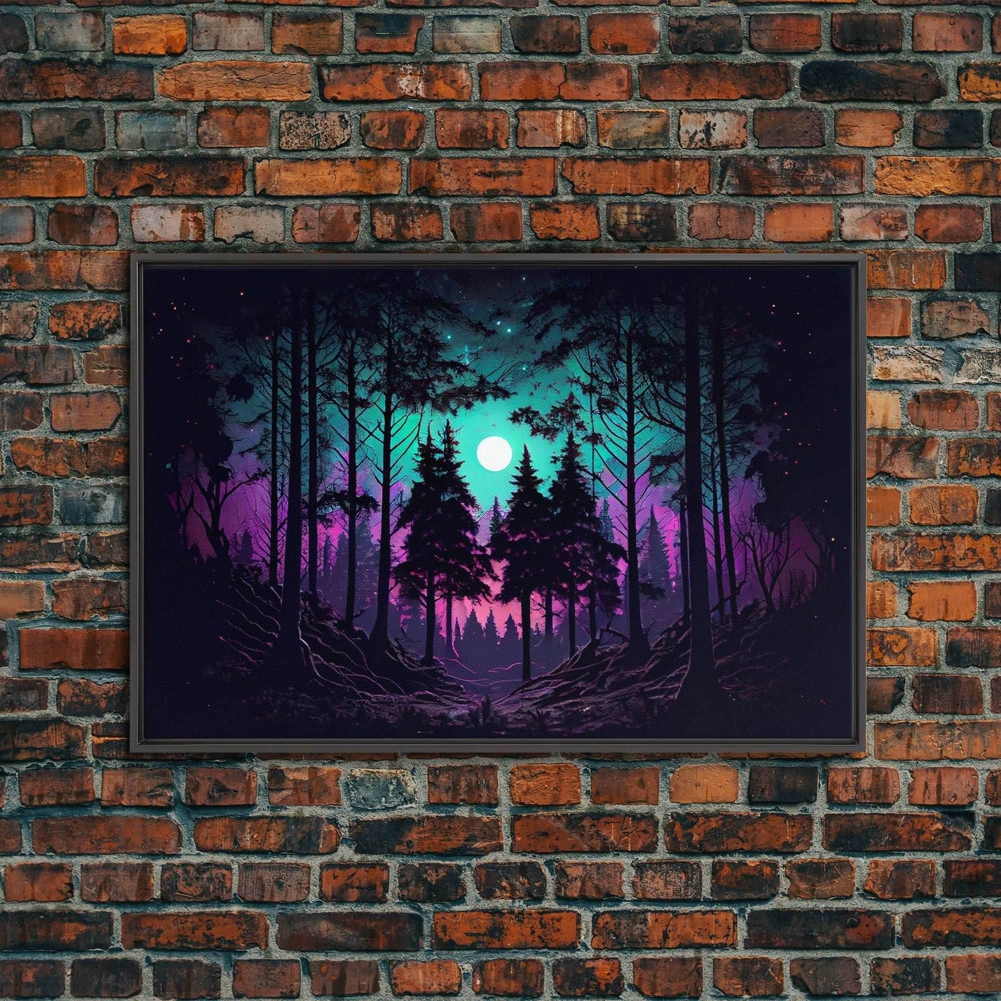 Fantasy forest art, full moon visible through the trees, framed canvas print, framed wall art - 8x12 Inches / Black Frame
