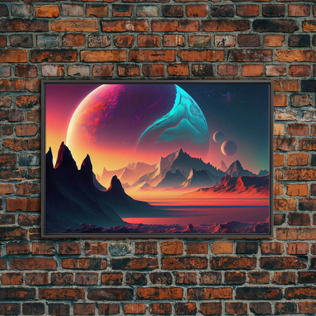 3 Moon Fantasy World, Retro Style Sci-Fi Art, Framed Canvas Print, Futuristic Art, Fantasy Decor - 8x12 Inches / Black Frame
