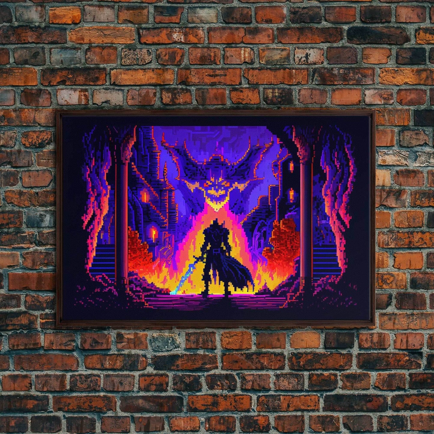 8 bit Pixel art, RPG video game concept art, Paladin faces the Dragon, synthwave style, framed canvas print - 8x12 Inches / Walnut Frame