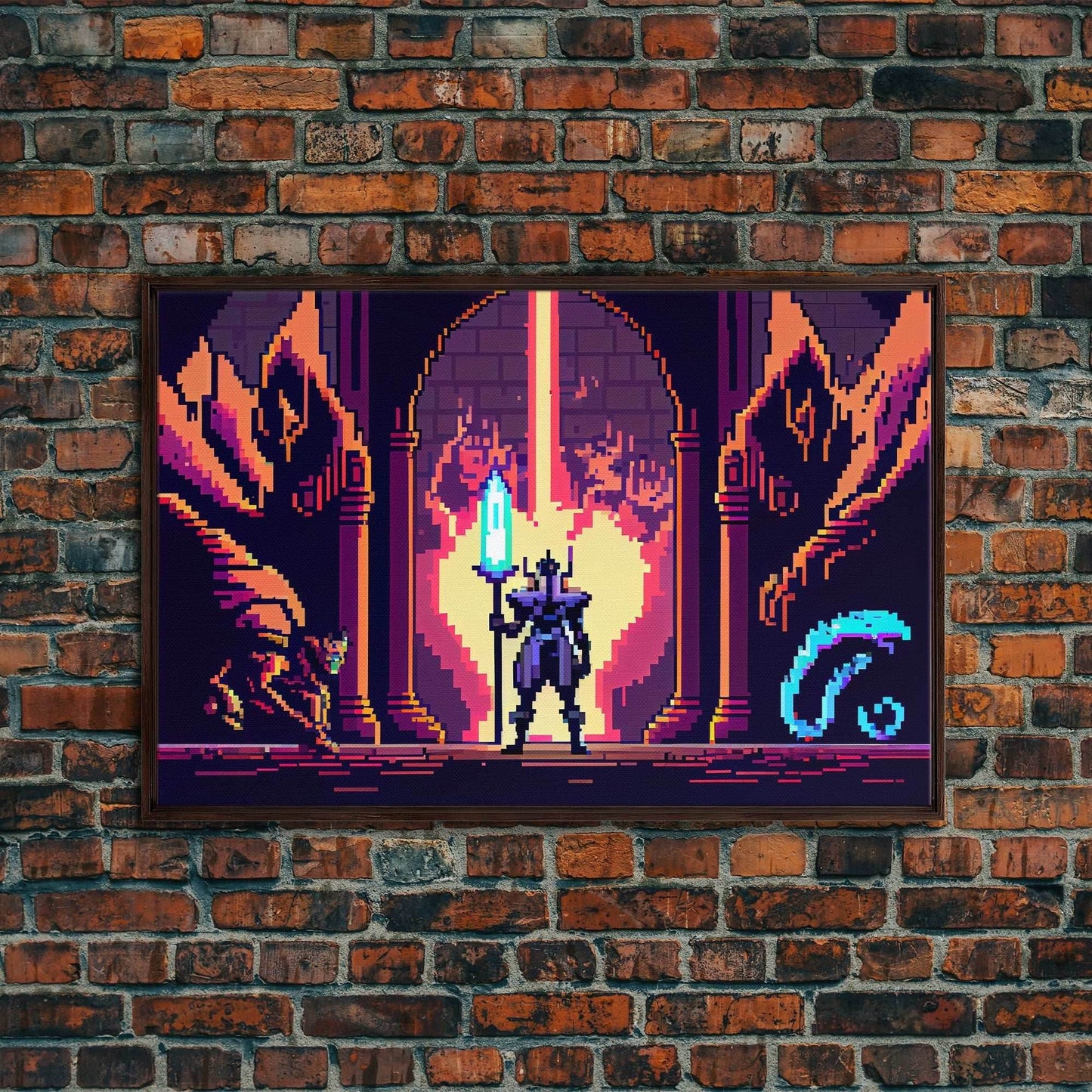 RPG pixel art, fantasy pixel art, Paladin Templar Art, synthwave style, framed canvas print, man cave art - 8x12 Inches / Walnut Frame