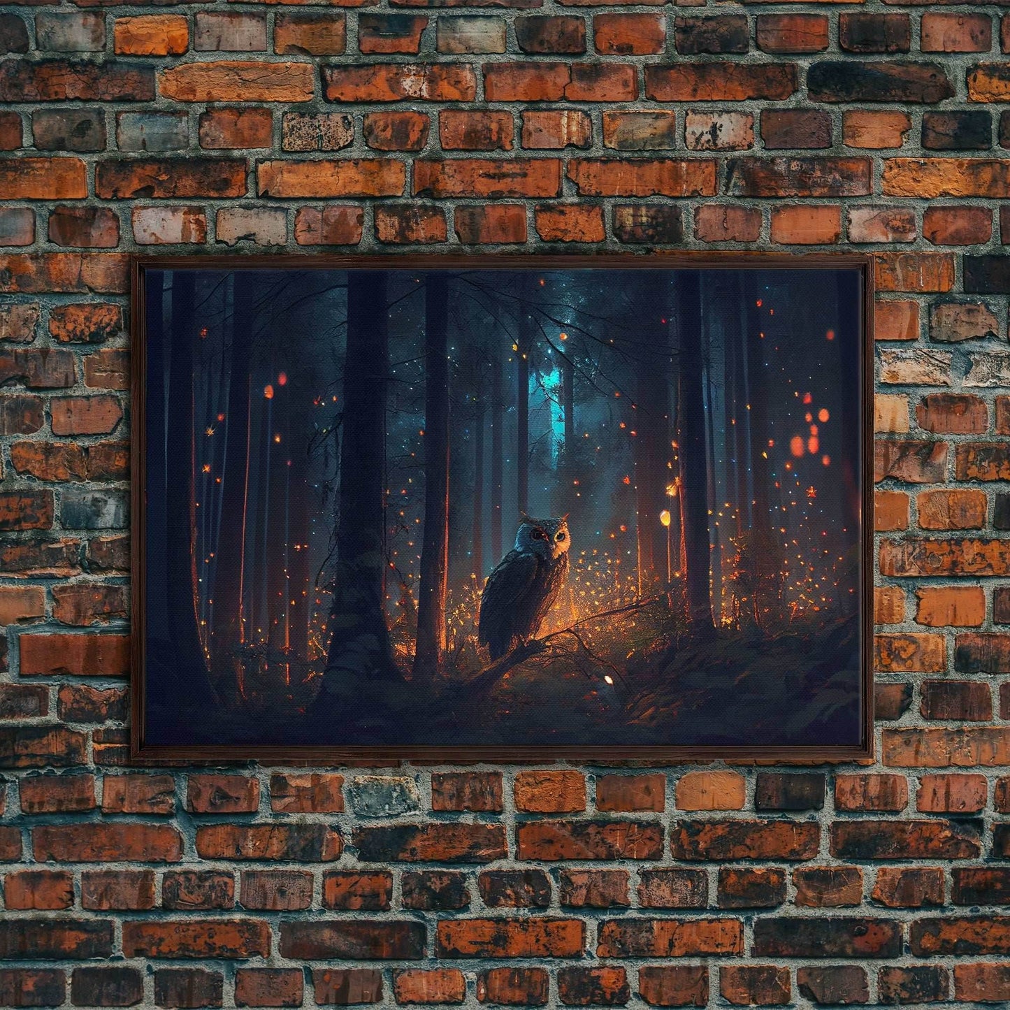 Fantasy forest art, Fireflies and the owl at midnight, framed canvas art, framed canvas print - 8x12 Inches / Walnut Frame