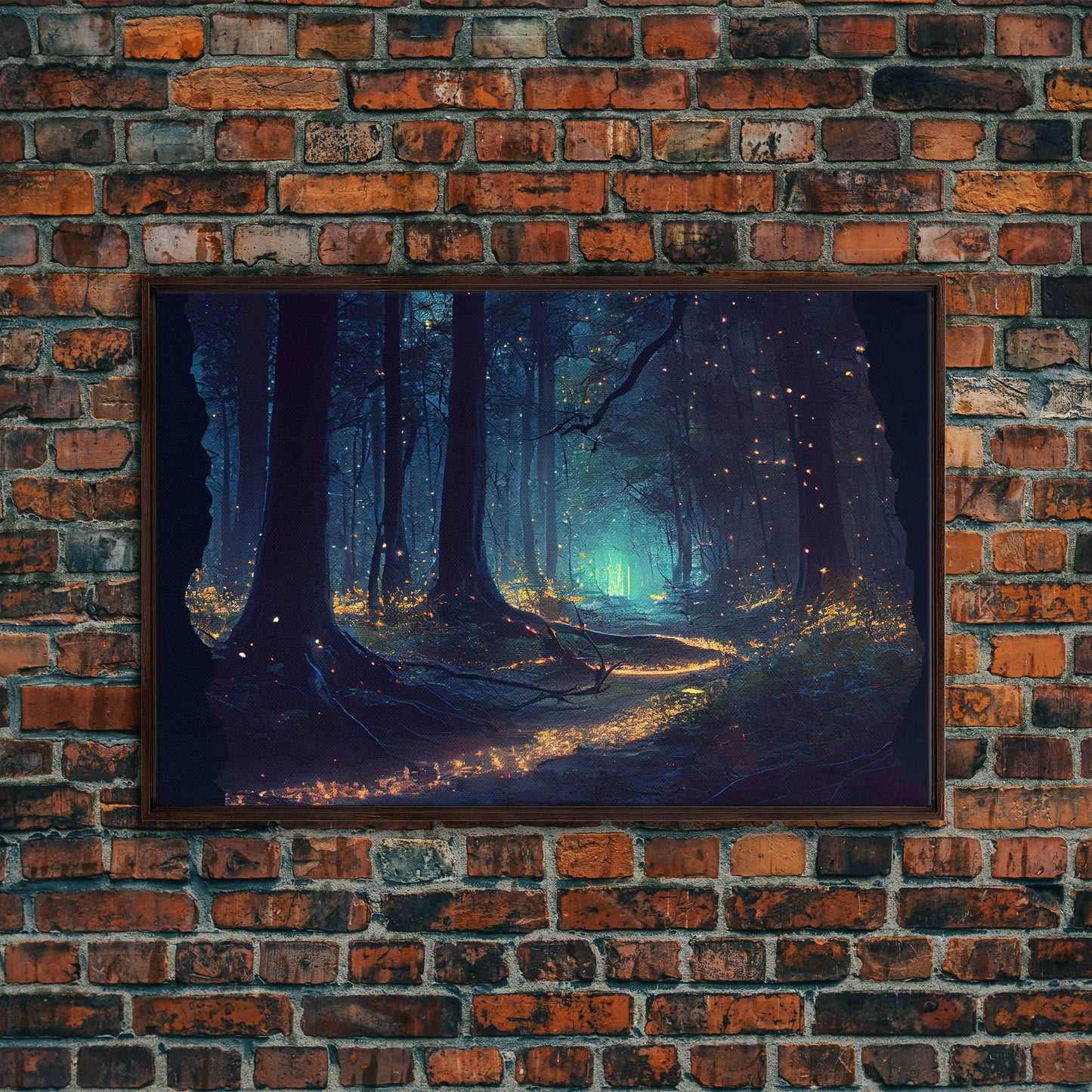 The magical enchanted forest is lit brightly with fireflies at night, framed canvas print, fantasy art - 8x12 Inches / Walnut Frame
