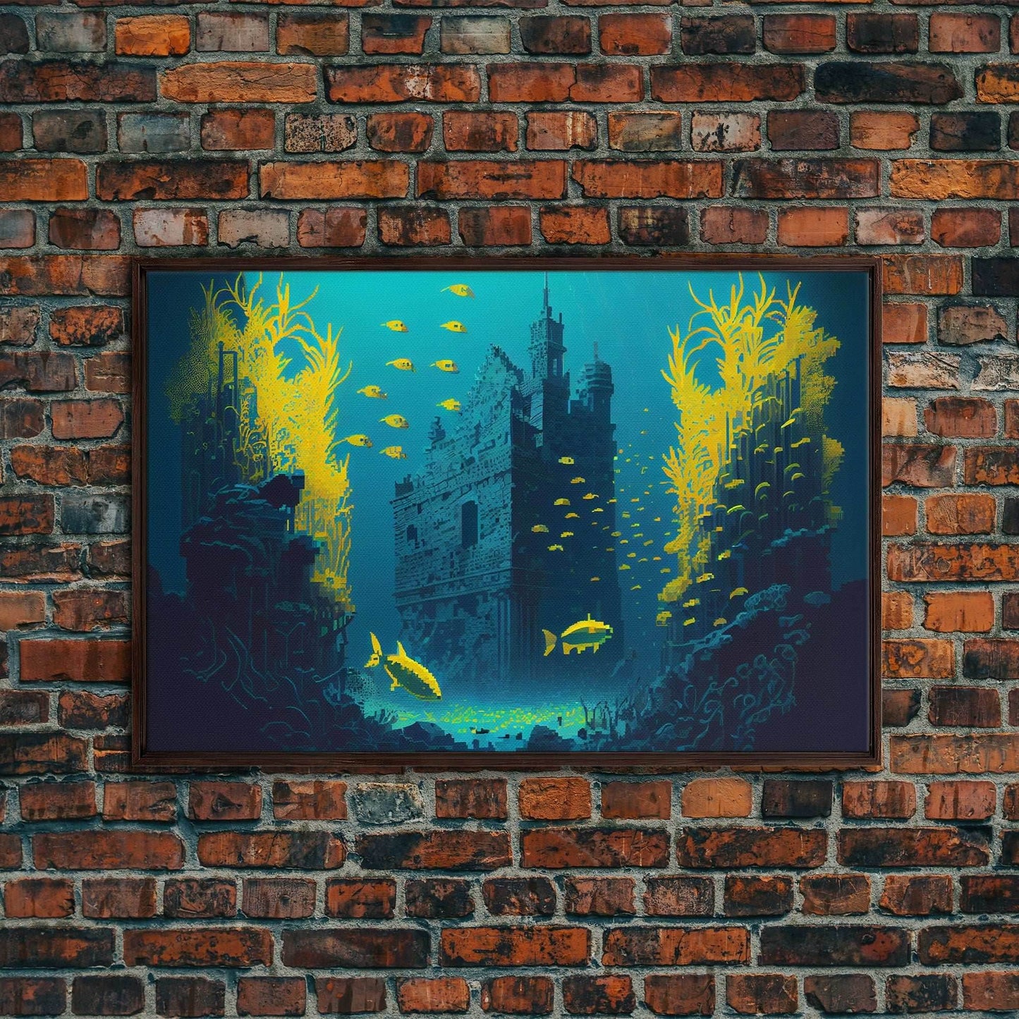 Underwater castle fantasy art, 8 bit pixel art for videogame room, framed canvas print - 8x12 Inches / Walnut Frame