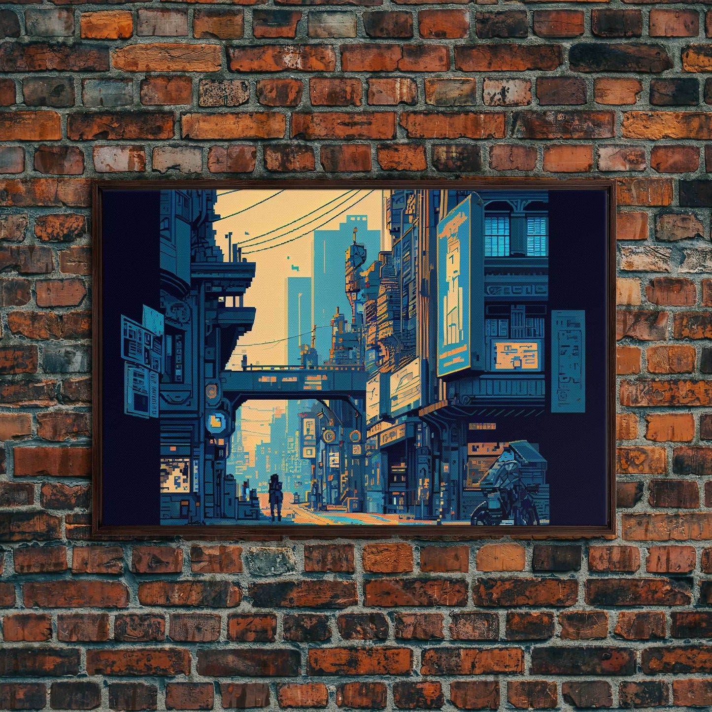 8 bit pixel art cyber punk city, video game concept art, framed canvas print, game room art - 8x12 Inches / Walnut Frame