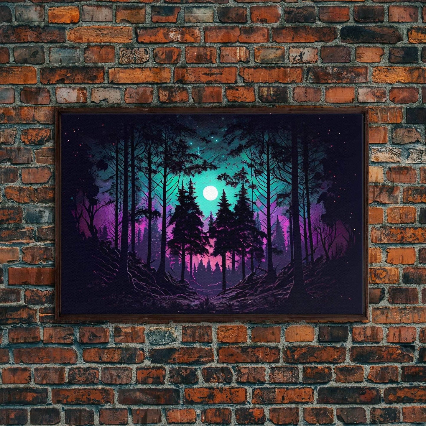 Fantasy forest art, full moon visible through the trees, framed canvas print, framed wall art - 8x12 Inches / Walnut Frame