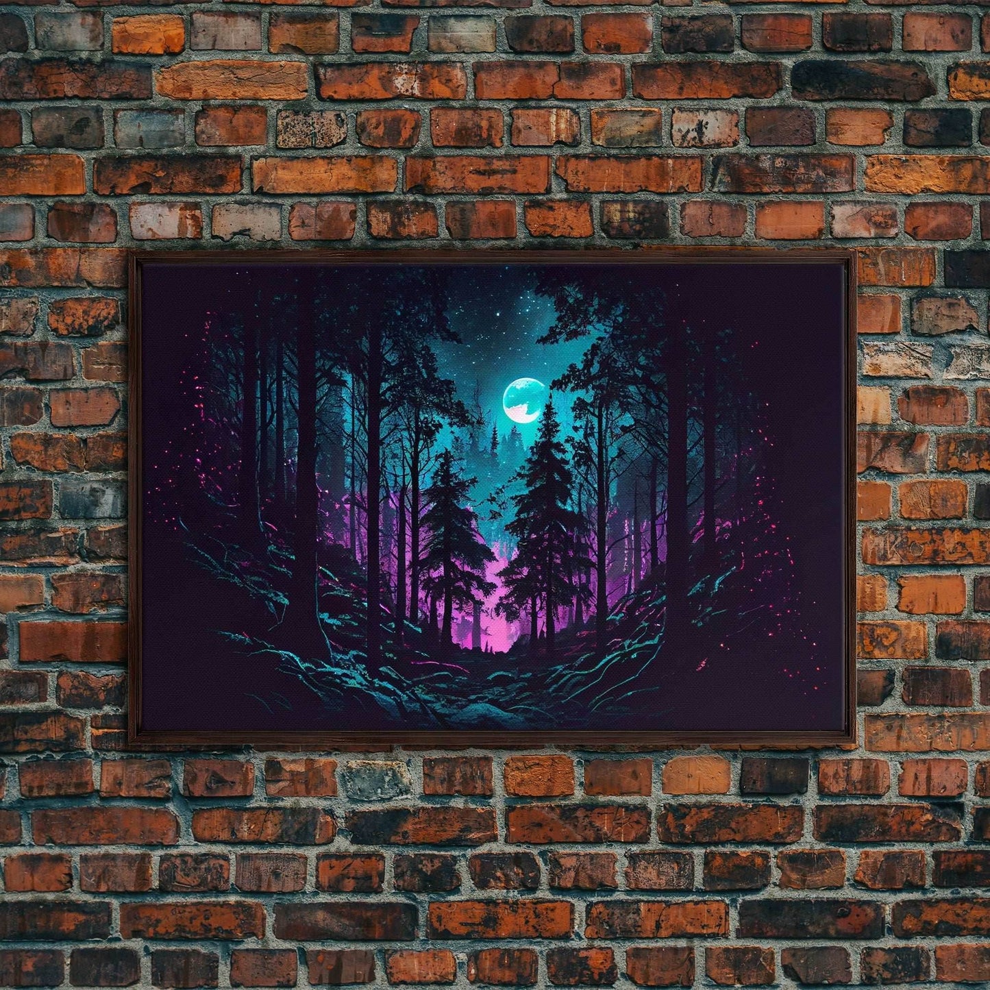 Turquoise and violet fantasy forest, aesthetic, framed canvas print - 8x12 Inches / Walnut Frame