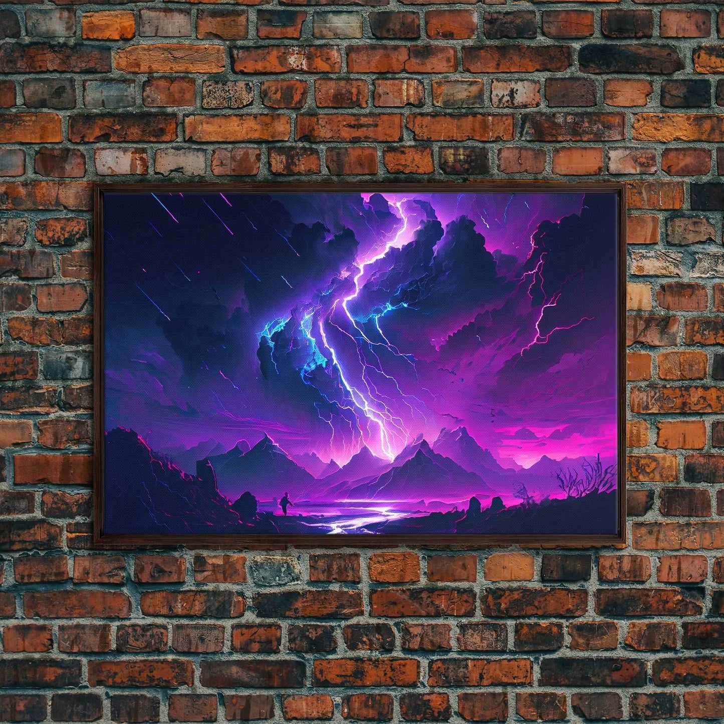 The Lightning Storm, framed canvas print, synthwave style fantasy art - 8x12 Inches / Walnut Frame