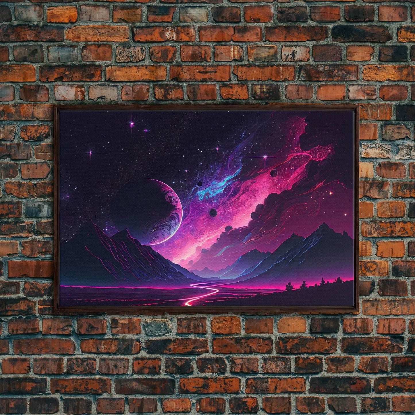 Alien Planet Fantasy Landscape Mountains Pink Voilet Fine Art Print, Wall Art Print, Wall Poster, Wall Décor - 8x12 Inches / Walnut Frame