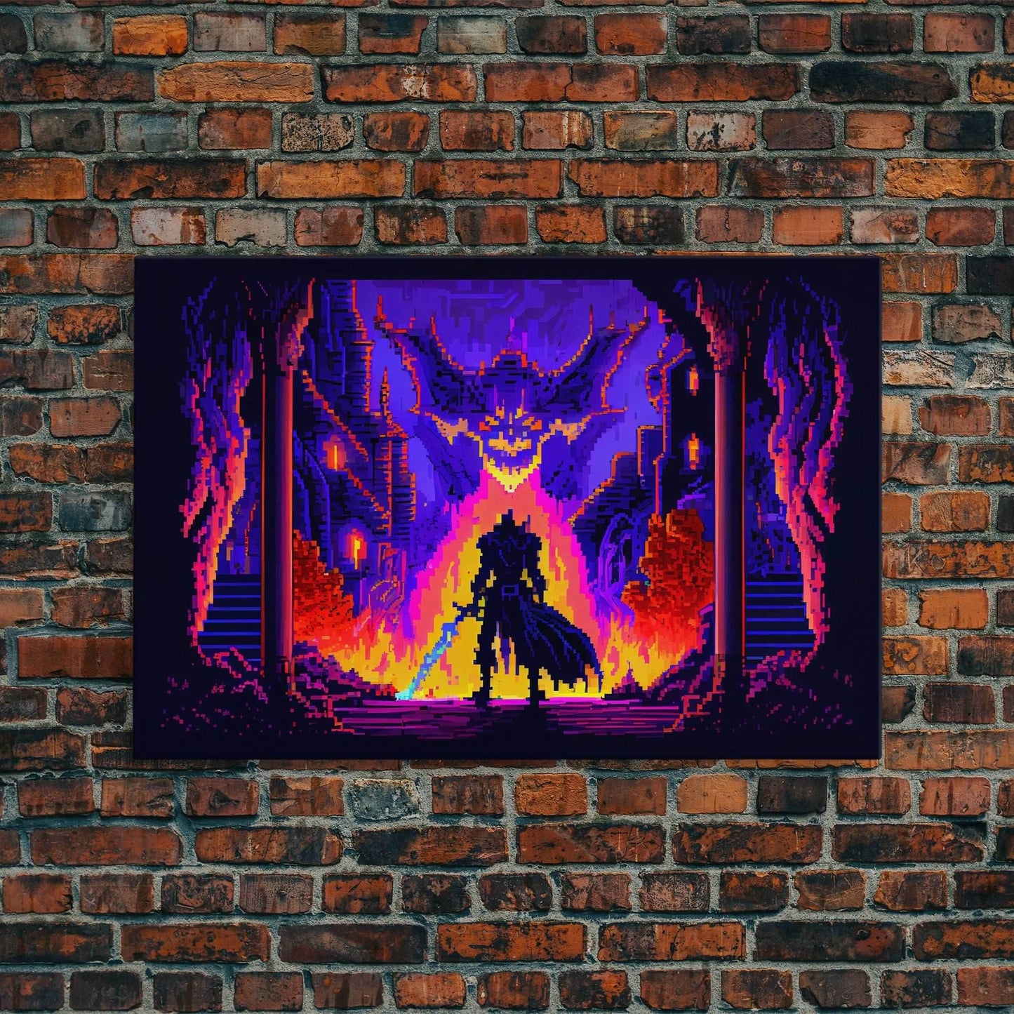 8 bit Pixel art, RPG video game concept art, Paladin faces the Dragon, synthwave style, framed canvas print - 8x12 Inches / Gallery Wrap Canvas - Ready To Hang