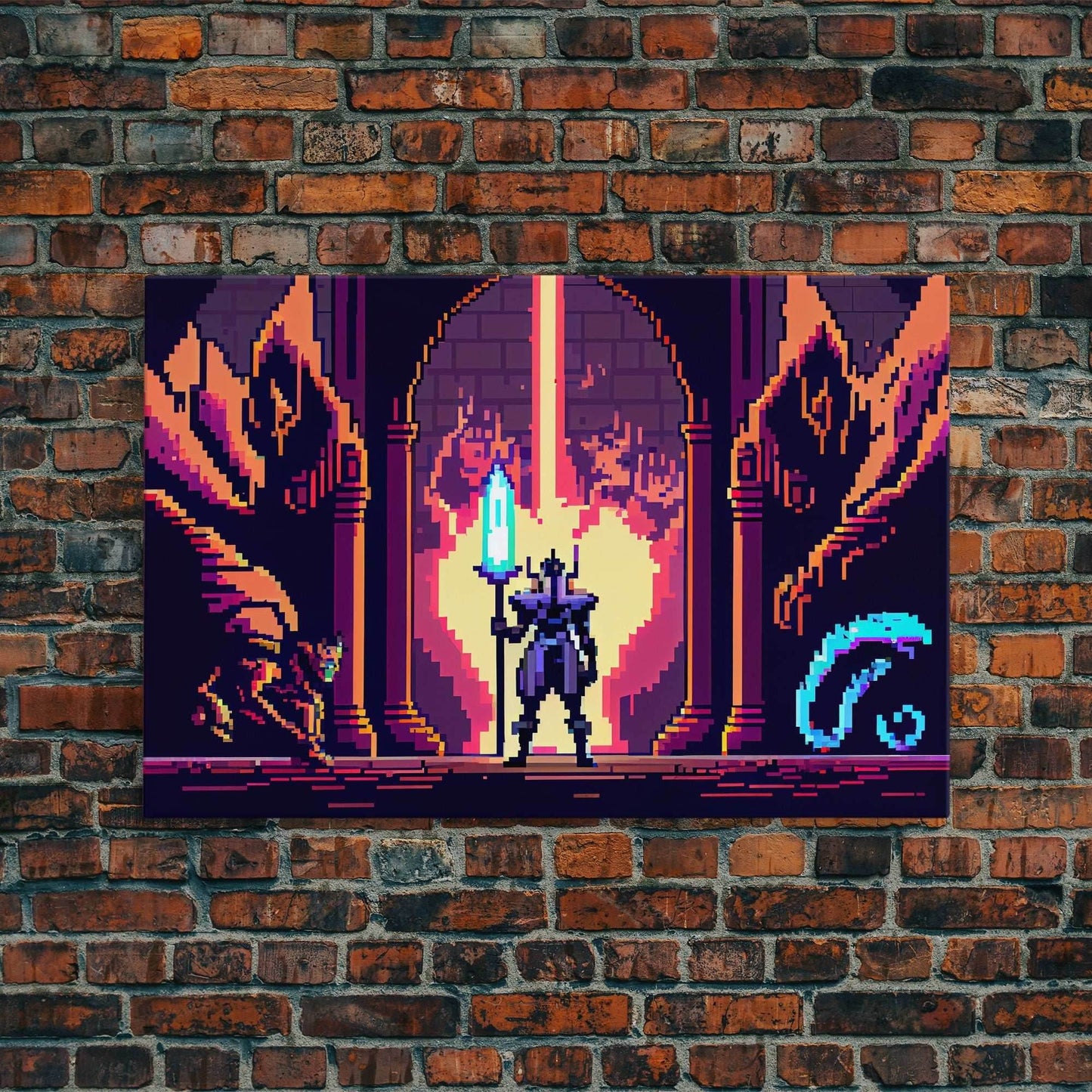 RPG pixel art, fantasy pixel art, Paladin Templar Art, synthwave style, framed canvas print, man cave art - 8x12 Inches / Gallery Wrap Canvas - Ready To Hang