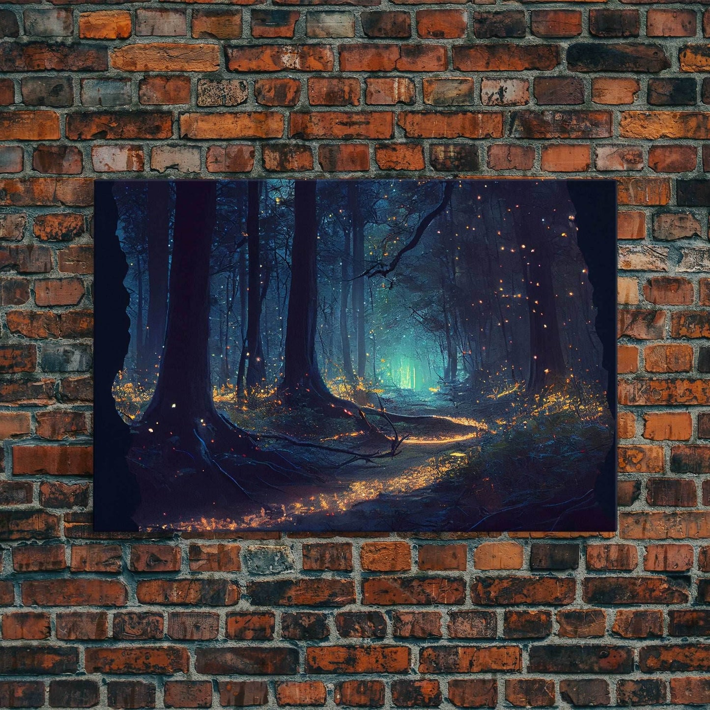 The magical enchanted forest is lit brightly with fireflies at night, framed canvas print, fantasy art - 8x12 Inches / Gallery Wrap Canvas - Ready To Hang