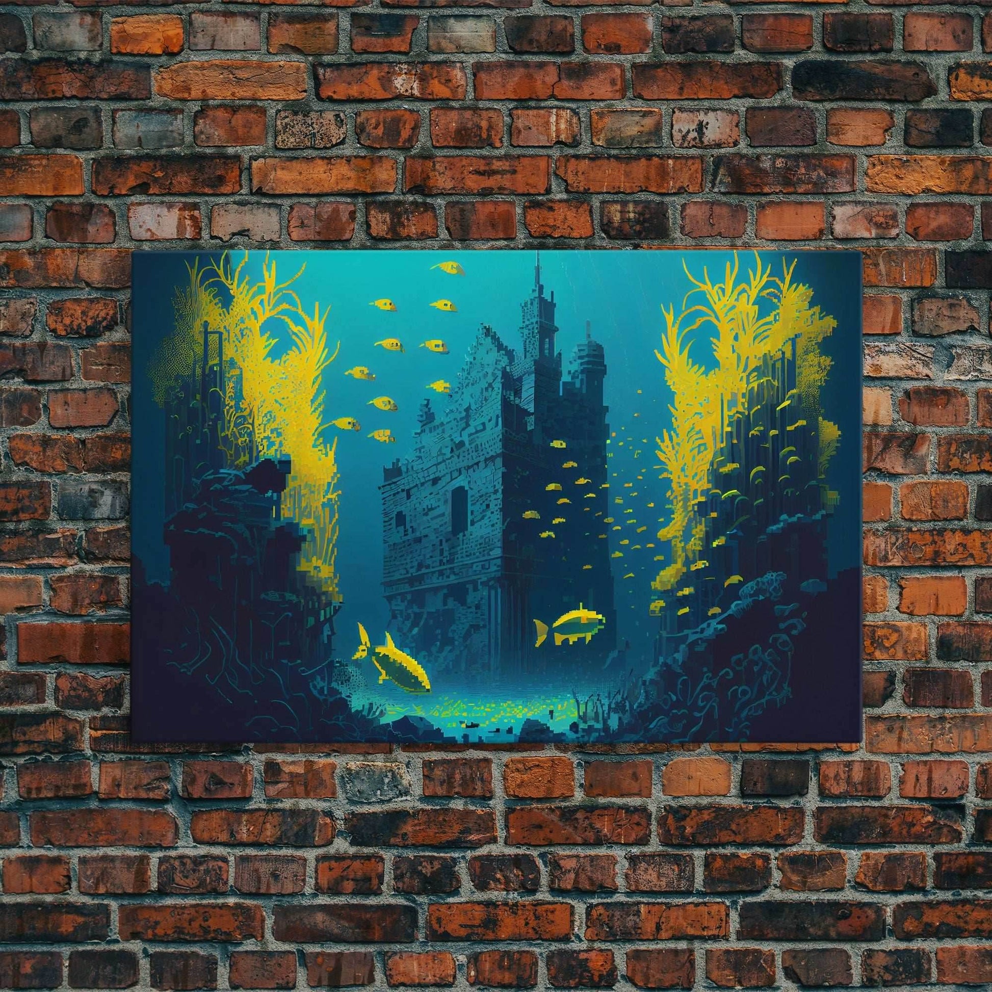 Underwater castle fantasy art, 8 bit pixel art for videogame room, framed canvas print - 8x12 Inches / Gallery Wrap Canvas - Ready To Hang