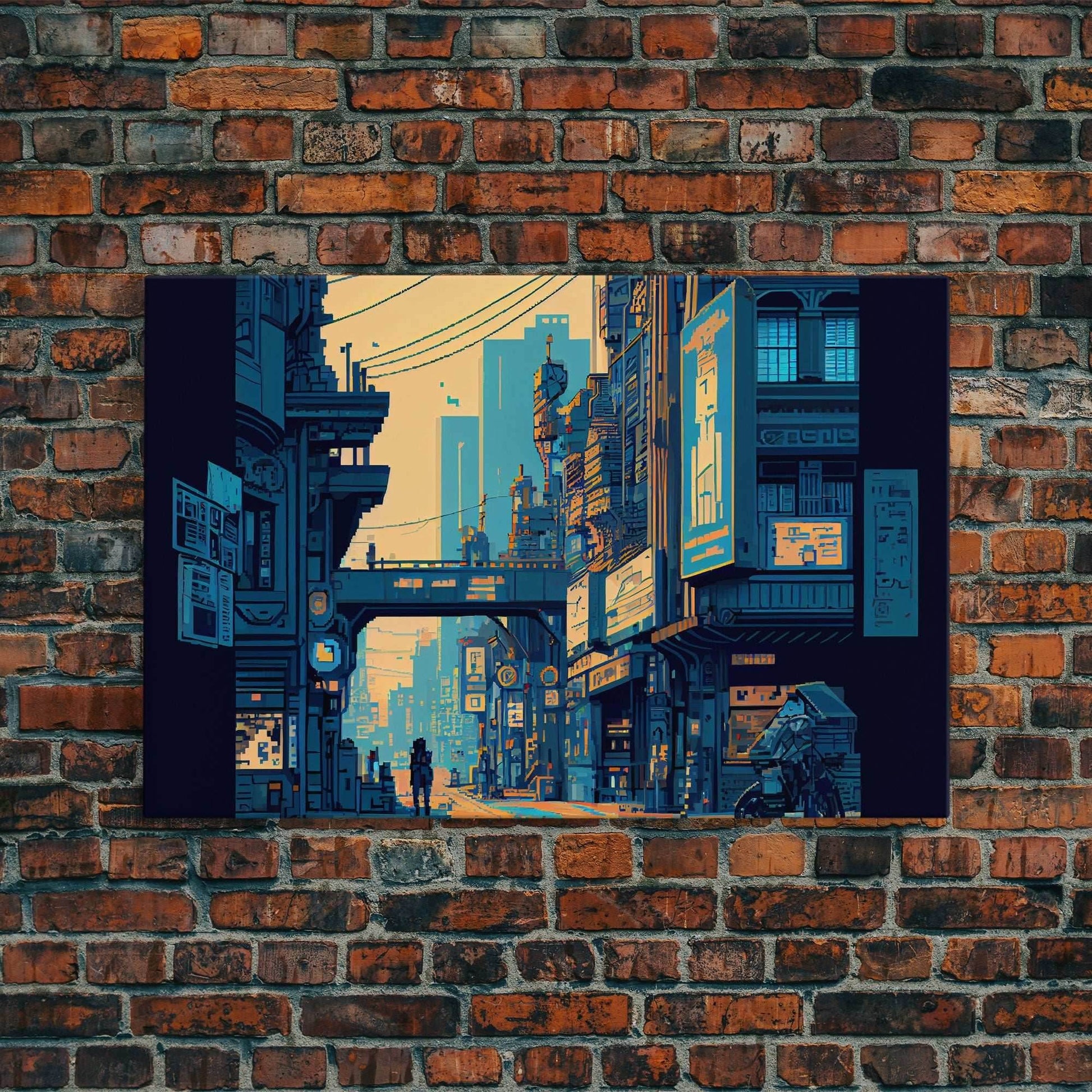 8 bit pixel art cyber punk city, video game concept art, framed canvas print, game room art - 8x12 Inches / Gallery Wrap Canvas - Ready To Hang