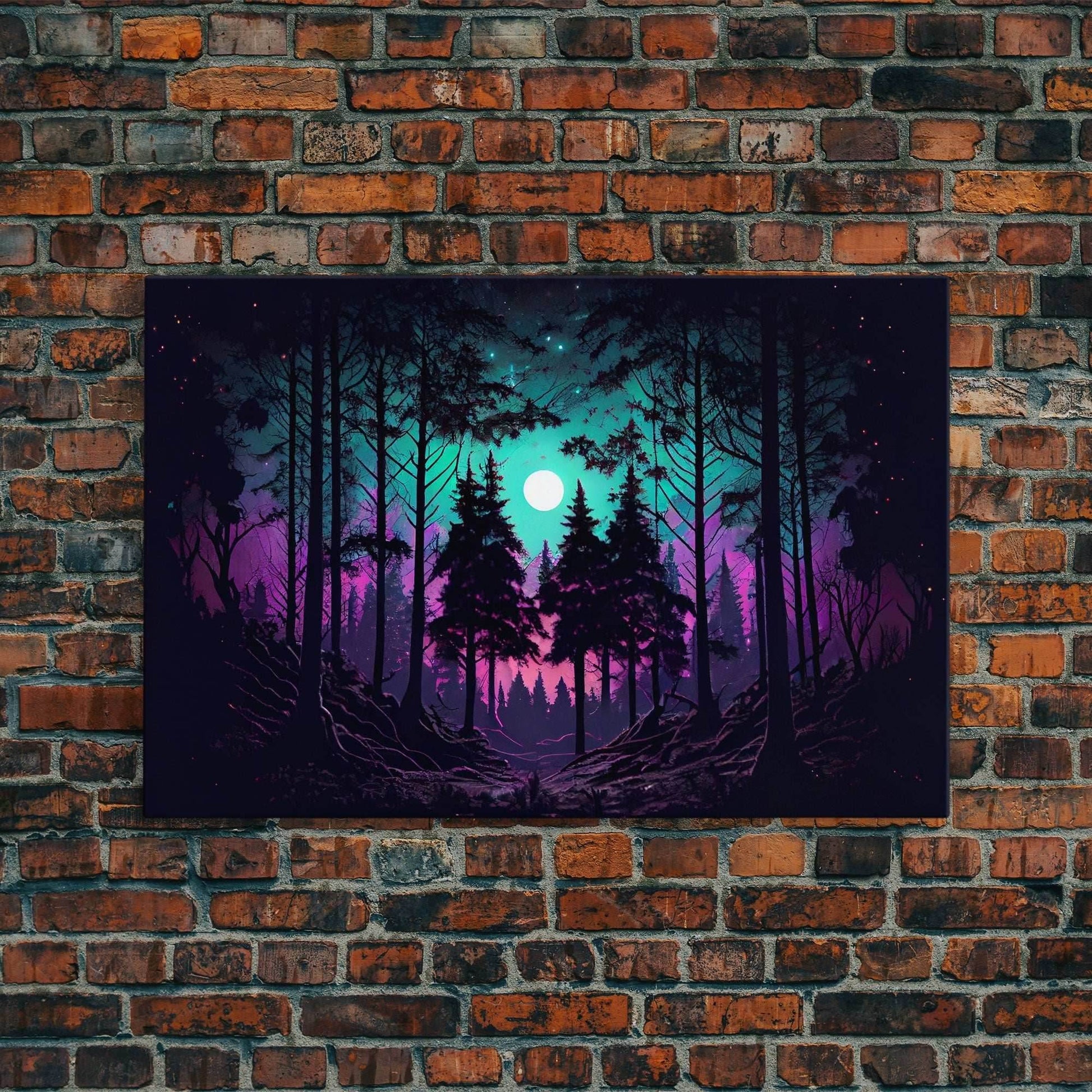 Fantasy forest art, full moon visible through the trees, framed canvas print, framed wall art - 8x12 Inches / Gallery Wrap Canvas - Ready To Hang