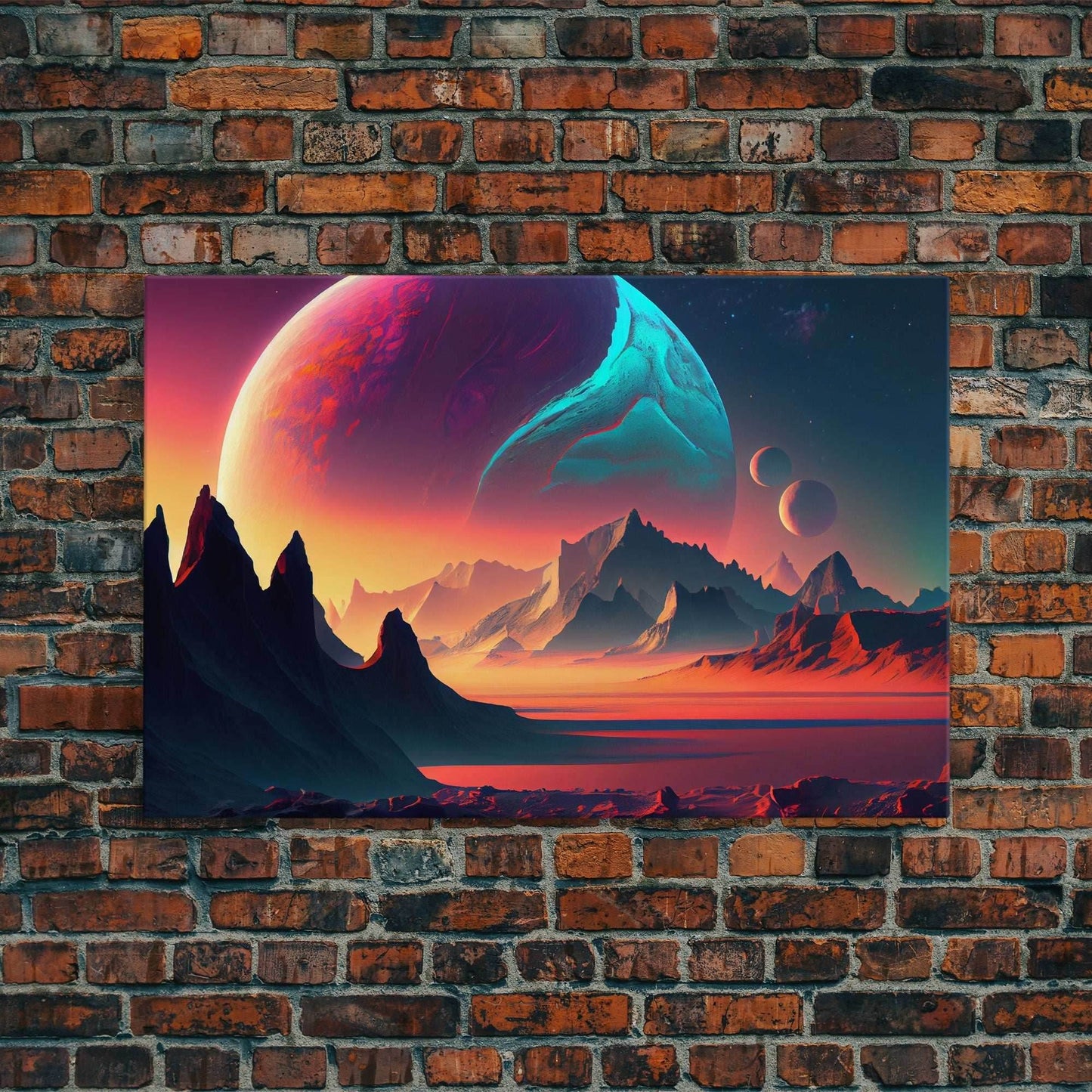 3 Moon Fantasy World, Retro Style Sci-Fi Art, Framed Canvas Print, Futuristic Art, Fantasy Decor - 8x12 Inches / Gallery Wrap Canvas - Ready To Hang