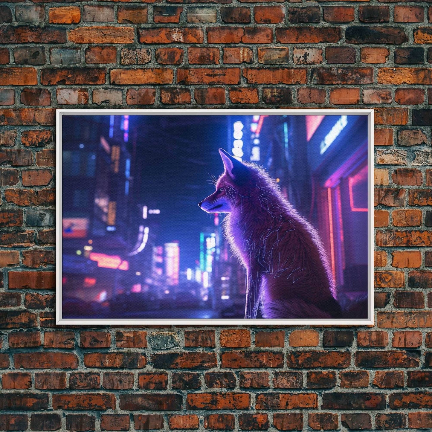Alley Fox, Cyberpunk city, framed canvas print, urban decay art - 8x12 Inches / White Frame