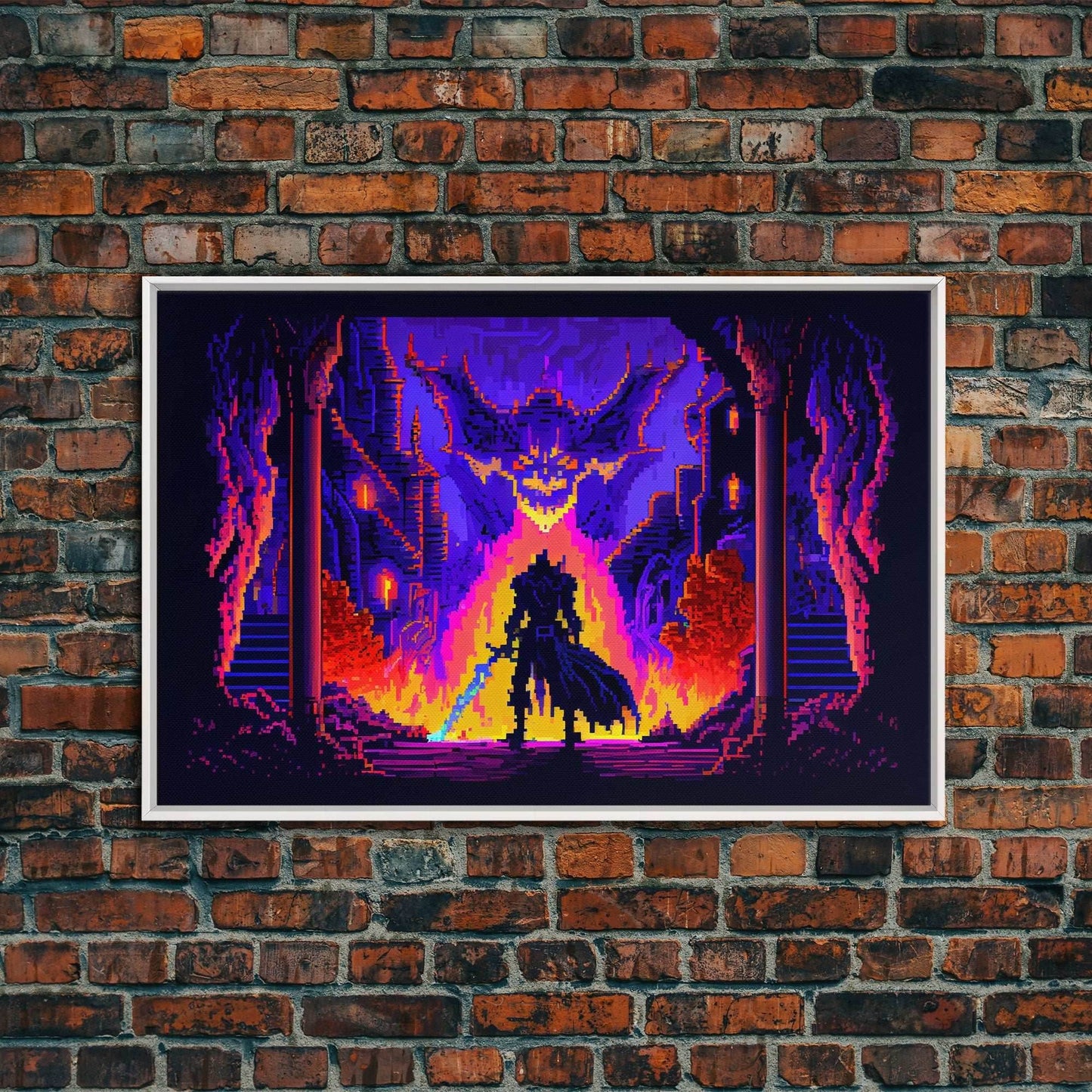 8 bit Pixel art, RPG video game concept art, Paladin faces the Dragon, synthwave style, framed canvas print - 8x12 Inches / White Frame