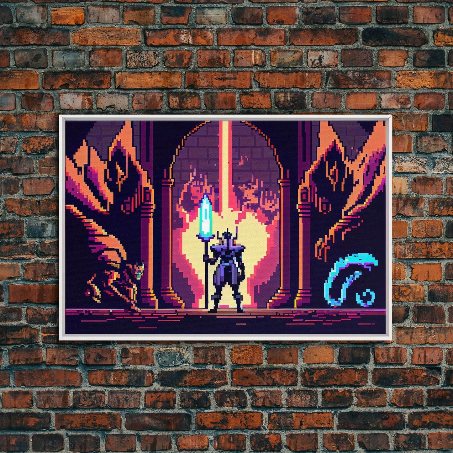 RPG pixel art, fantasy pixel art, Paladin Templar Art, synthwave style, framed canvas print, man cave art - 8x12 Inches / White Frame