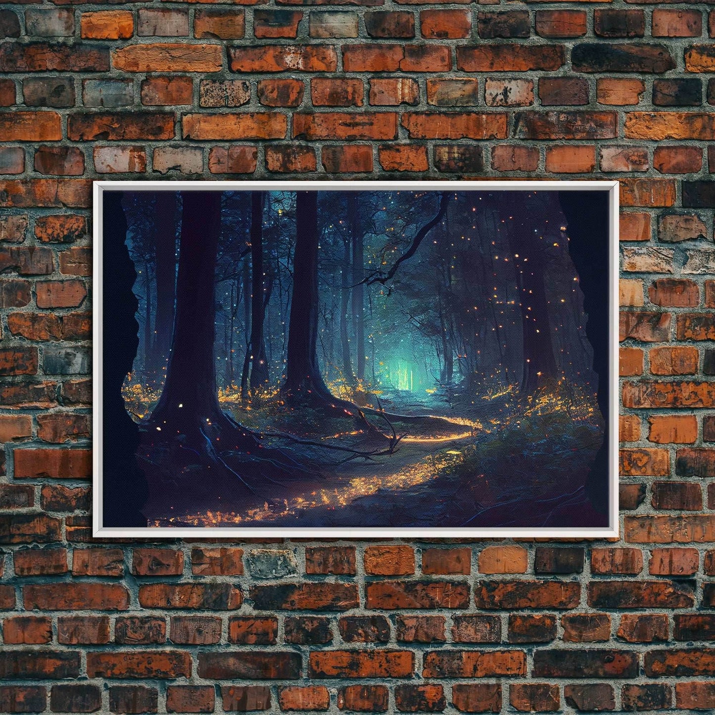 The magical enchanted forest is lit brightly with fireflies at night, framed canvas print, fantasy art - 8x12 Inches / White Frame