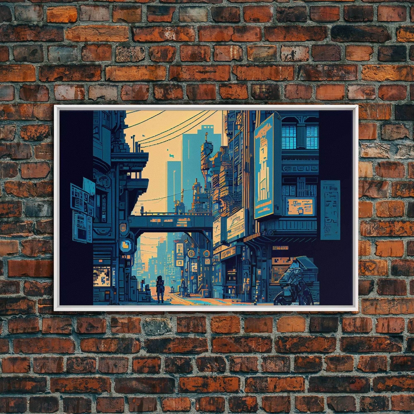 8 bit pixel art cyber punk city, video game concept art, framed canvas print, game room art - 8x12 Inches / White Frame
