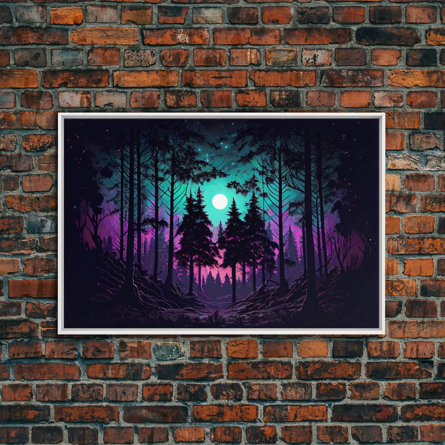 Fantasy forest art, full moon visible through the trees, framed canvas print, framed wall art - 8x12 Inches / White Frame