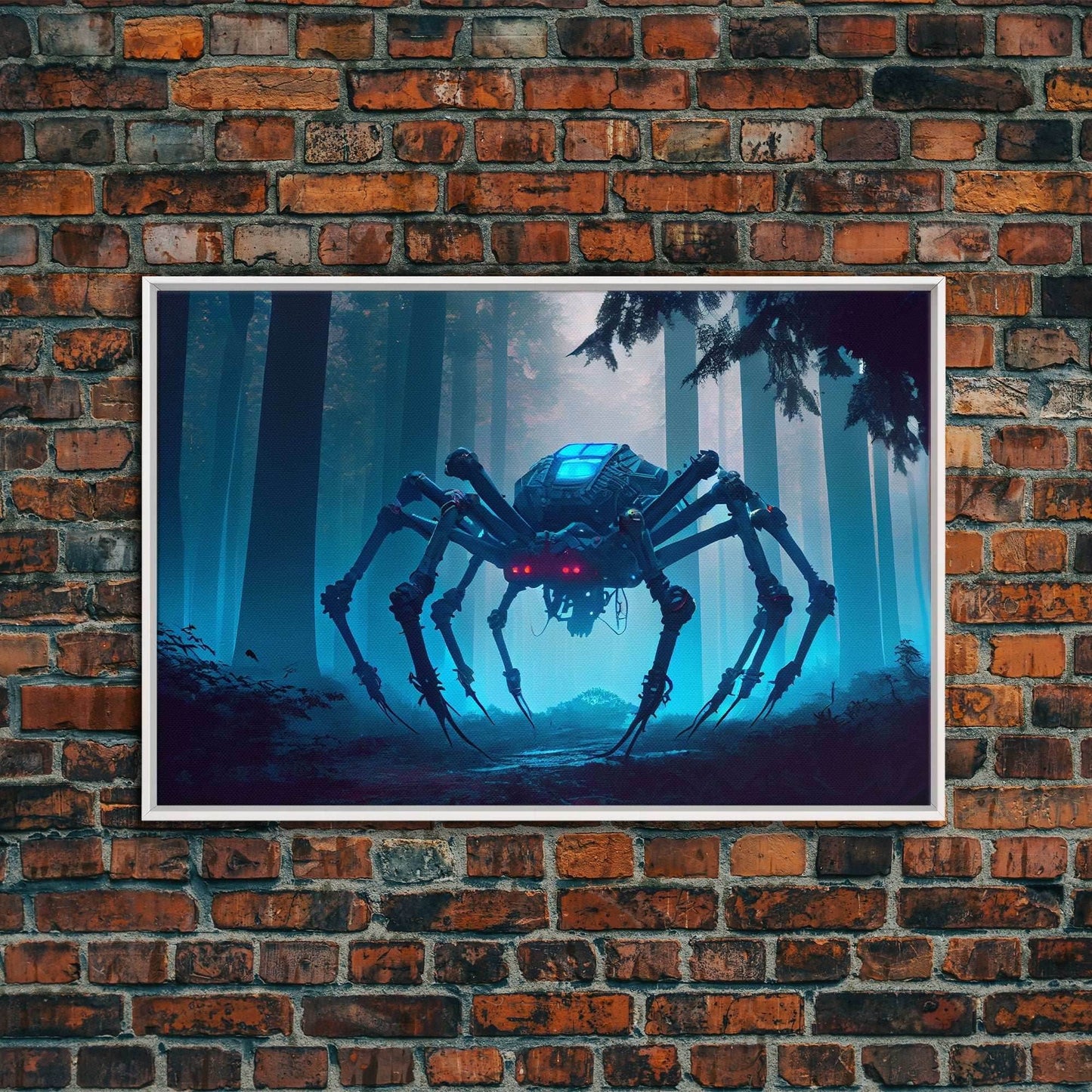 Cyborg Spider, Scifi Fantasy horror art, robot spider on the hunt, framed canvas print - 8x12 Inches / White Frame