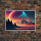 3 Moon Fantasy World, Retro Style Sci-Fi Art, Framed Canvas Print, Futuristic Art, Fantasy Decor - 8x12 Inches / White Frame
