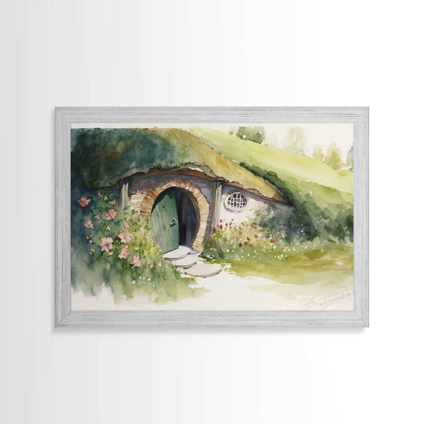 The Shire Oil Painting Print, Framed Wall Art, Hobbitcore Decor, Hobbit Hole Landscape Painting Print, Rings, Fantasy Painting - 8x12 Inches / Gold Frame