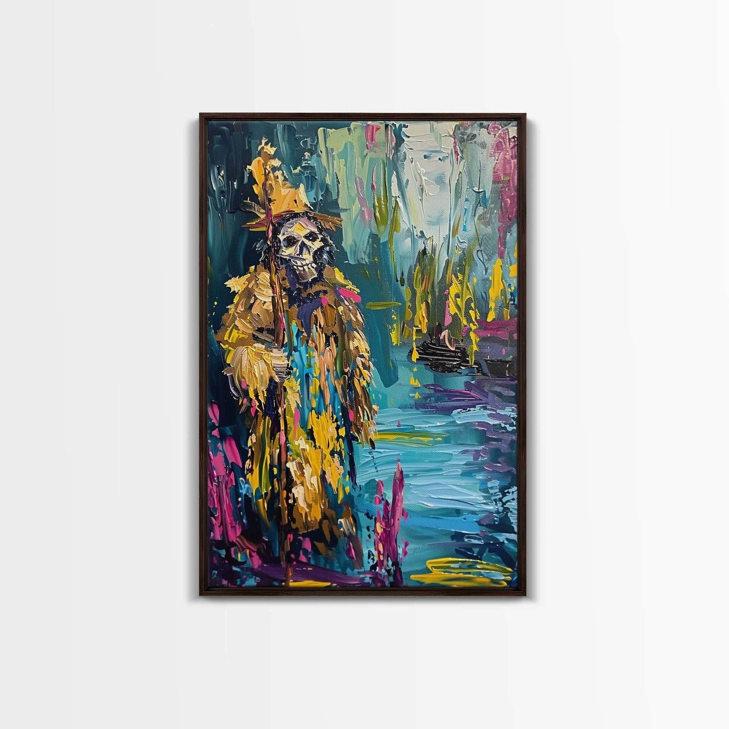 Halloween Skeleton Wizard, Framed Canvas Print, Wall Art, Home Decor, Spooky Artwork, Witchcraft Decor, Fantasy Art, Holiday Decor - 8x12 Inches / Walnut Frame