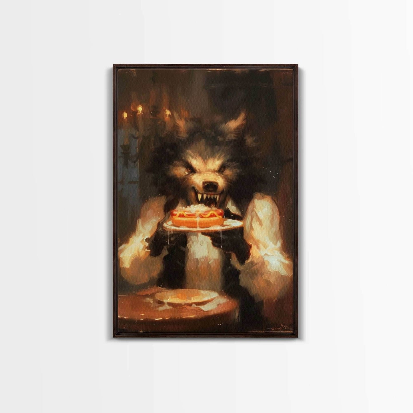 Halloween Werewolf Eating Hotdog, Framed Canvas Print, Wall Art, Spooky Artwork, Fantasy Decor, Halloween Decor, Whimsical Funny Halloween - 8x12 Inches / Walnut Frame