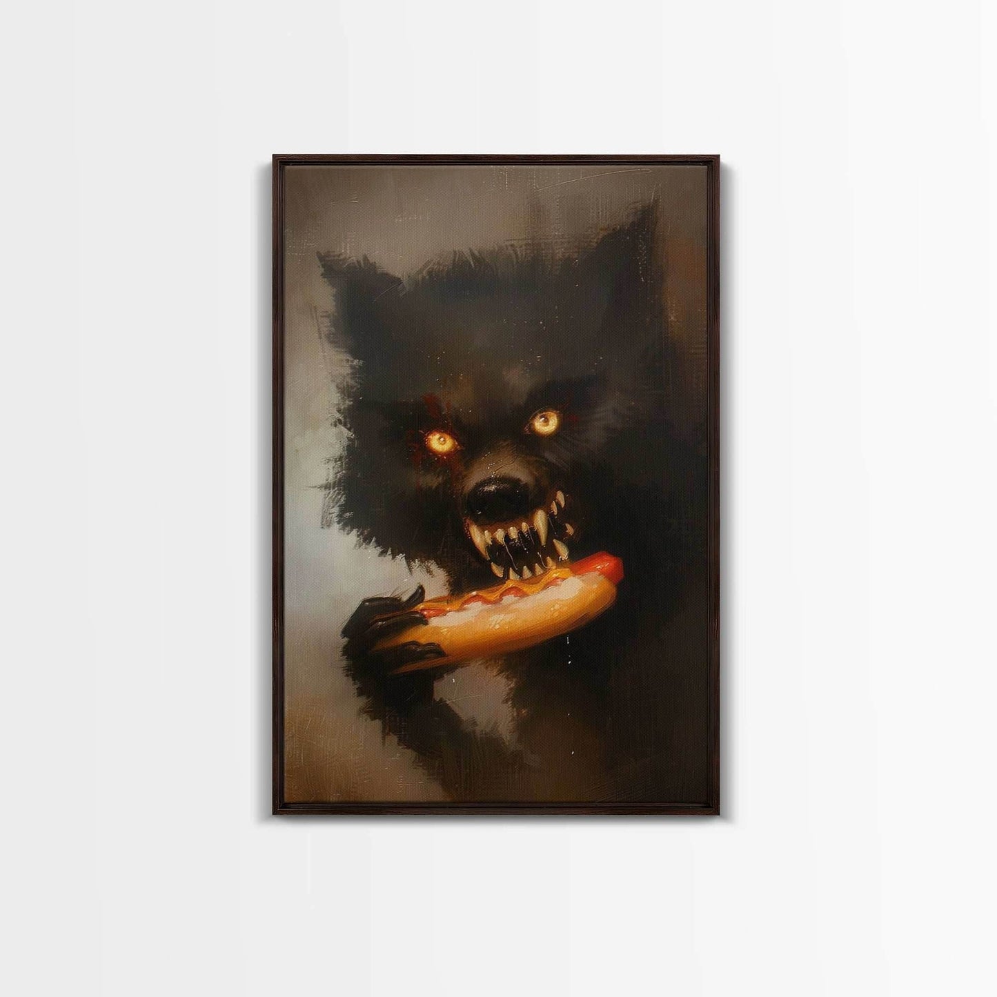 Halloween Werewolf Snarling, Framed Canvas Print, Wall Art, Home Decor, Spooky Art Monster Decor, Halloween Decor, Fantasy Art, Holiday Gift - 8x12 Inches / Walnut Frame