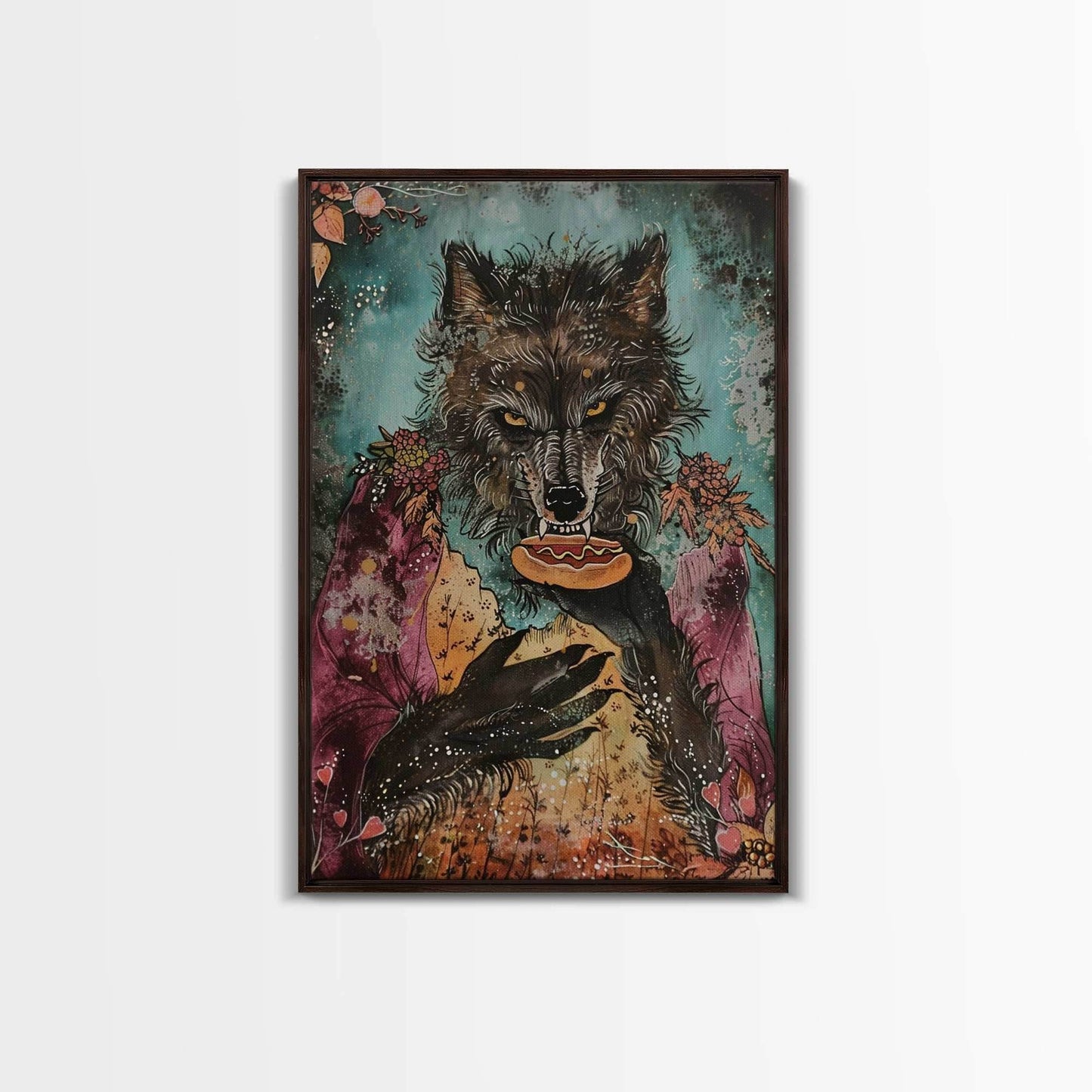 Halloween Werewolf Holding Hotdog, Framed Canvas Print, Wall Art, Home Decor, Spooky Artwork, Fantasy Decor, Halloween Decor - 8x12 Inches / Walnut Frame