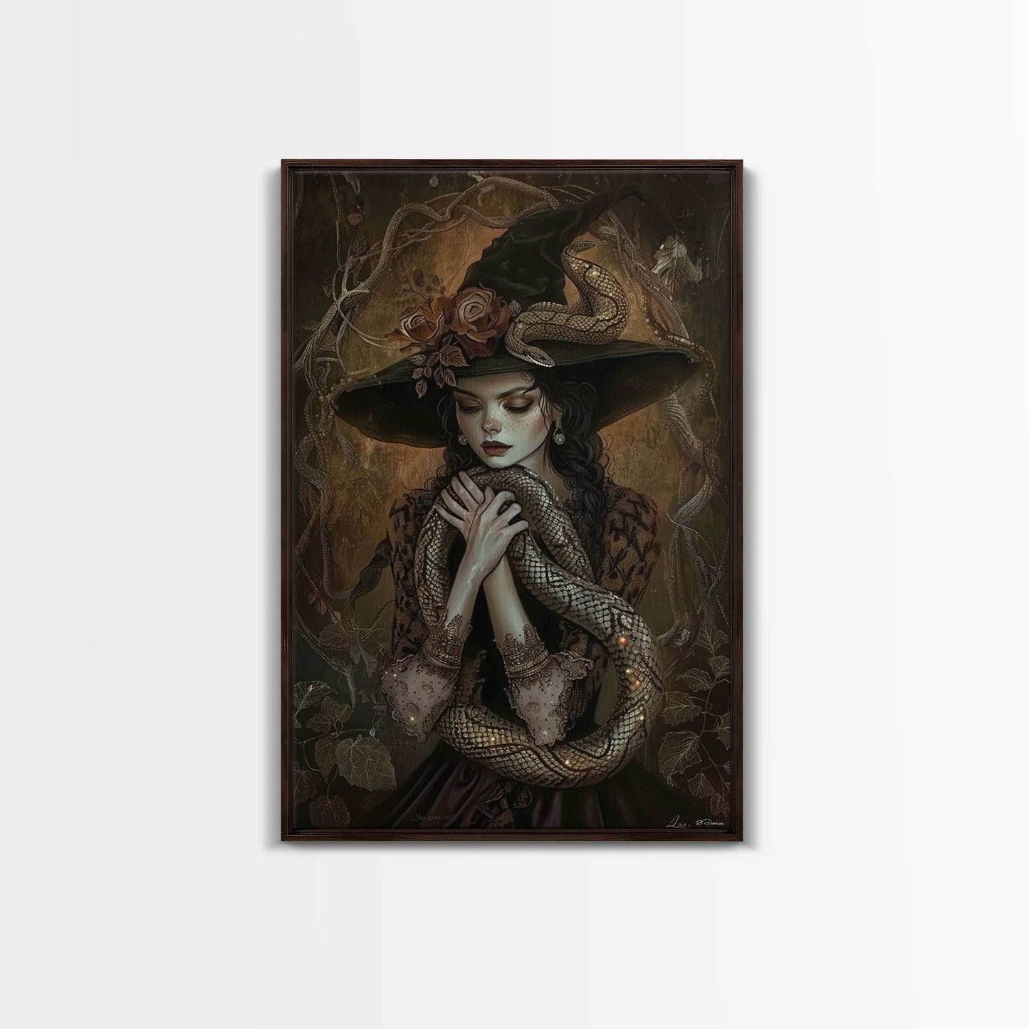 Mysterious Witch Holding Snake, Framed Canvas Print, Gothic Witch Art, Dark Fantasy Decor, Witch and Serpent, Halloween Accessories - 8x12 Inches / Walnut Frame