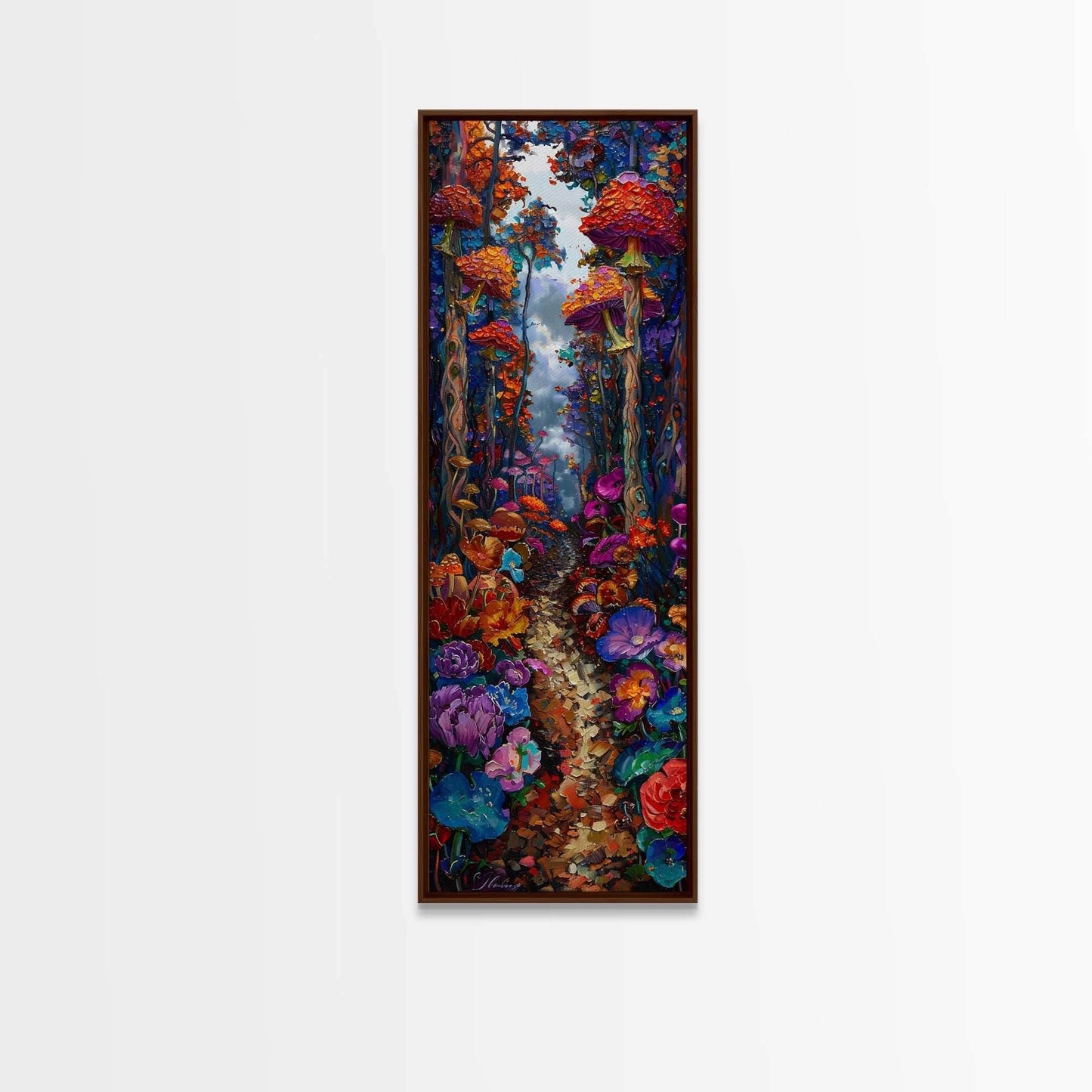 Fantasy Forest Pathway with Giant Mushrooms as Tall Skinny Art Framed Canvas Print for Whimsical Wall Decor in Unique Spaces - 10x30 Inches / Walnut Frame