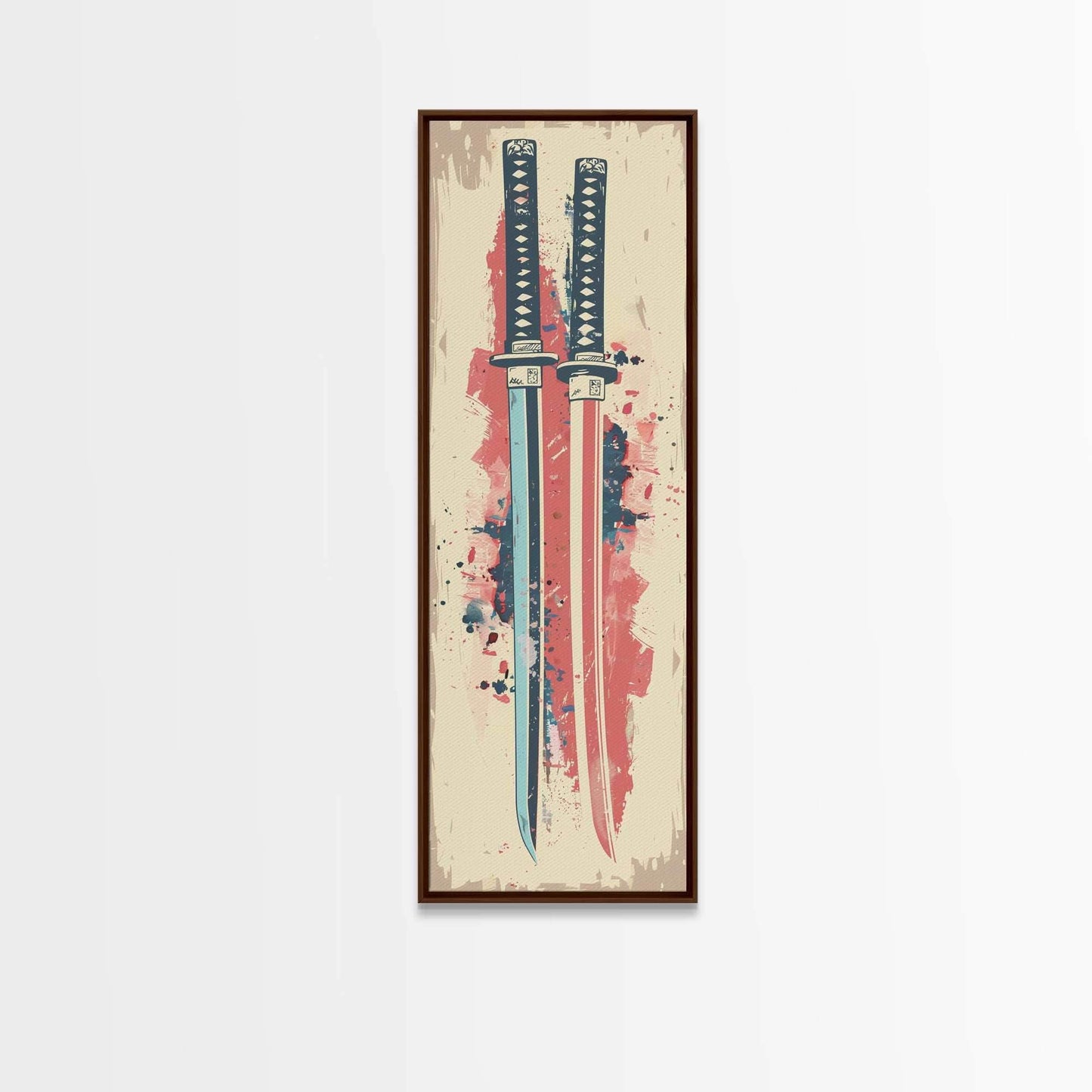 Abstract Samurai Swords Framed Canvas Print Ukiyo-e Art Japanese Style Tall Art Skinny Art Wood Block Print - 10x30 Inches / Walnut Frame