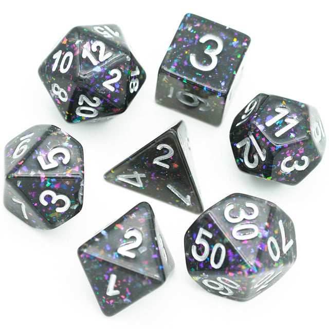 Black Cloud Brocade Powder 7-Dice Dnd Dice | Glitter w/Silver Numbers Set - 