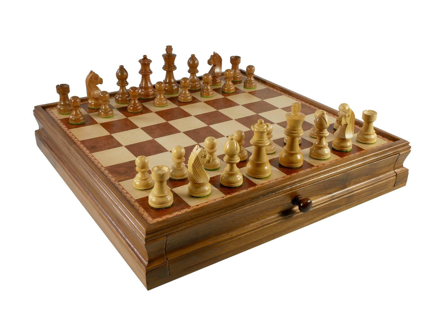 Chess Set - Walnut/Maple Chest and Single Weighted Chessmen - 