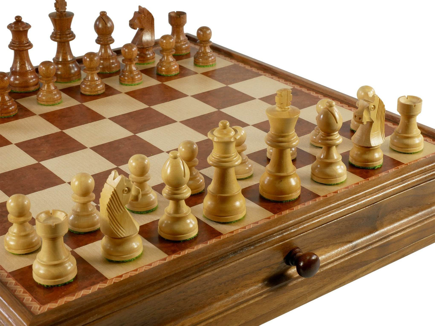 Chess Set - Walnut/Maple Chest and Single Weighted Chessmen - 