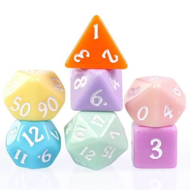 Multi-Color Macaron 7-Dice Set w/White Numbers Pastel Dnd Dice Set - 