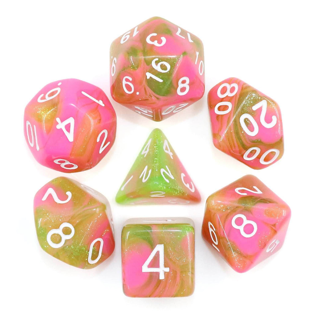 Apple Taffy Lime Green/Pink Glitter/Swirl 7-Dice Set by HendgaDice - 