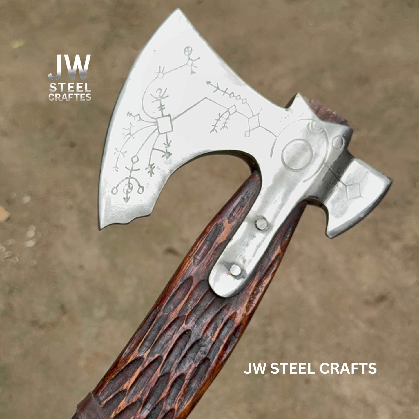 Hand Engraved Viking Double-Bit Axe with Carved Hardwood Handle and Norse Rune Detailing | Handmade Damascus Steel Collector Axe | JW SteelCrafts